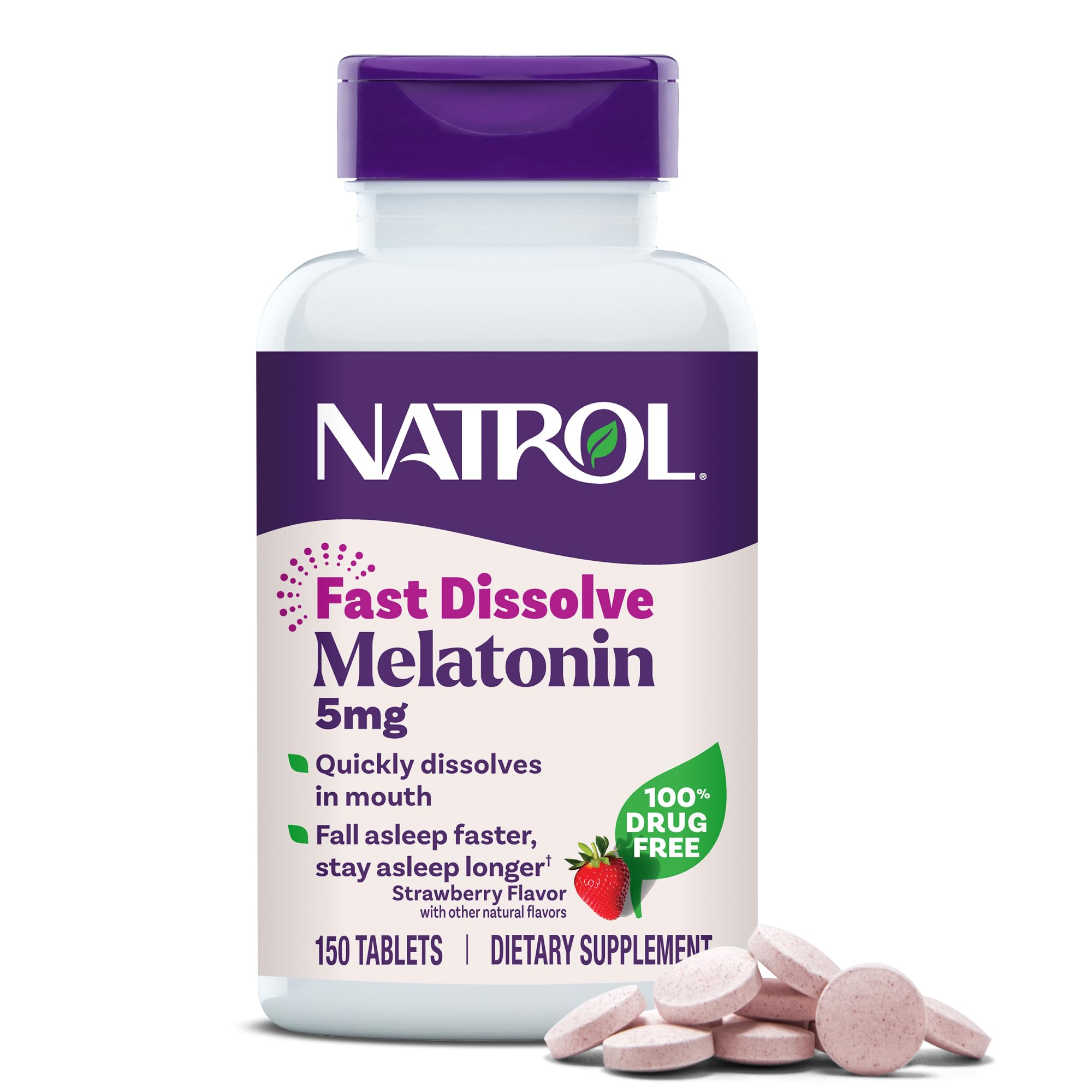 Tabletas de melatonina Natrol de 5 mg de disolución rápida, suplementos para el sueño en adultos, sabor fresa, 150 tabletas, suministro para hasta 150 días