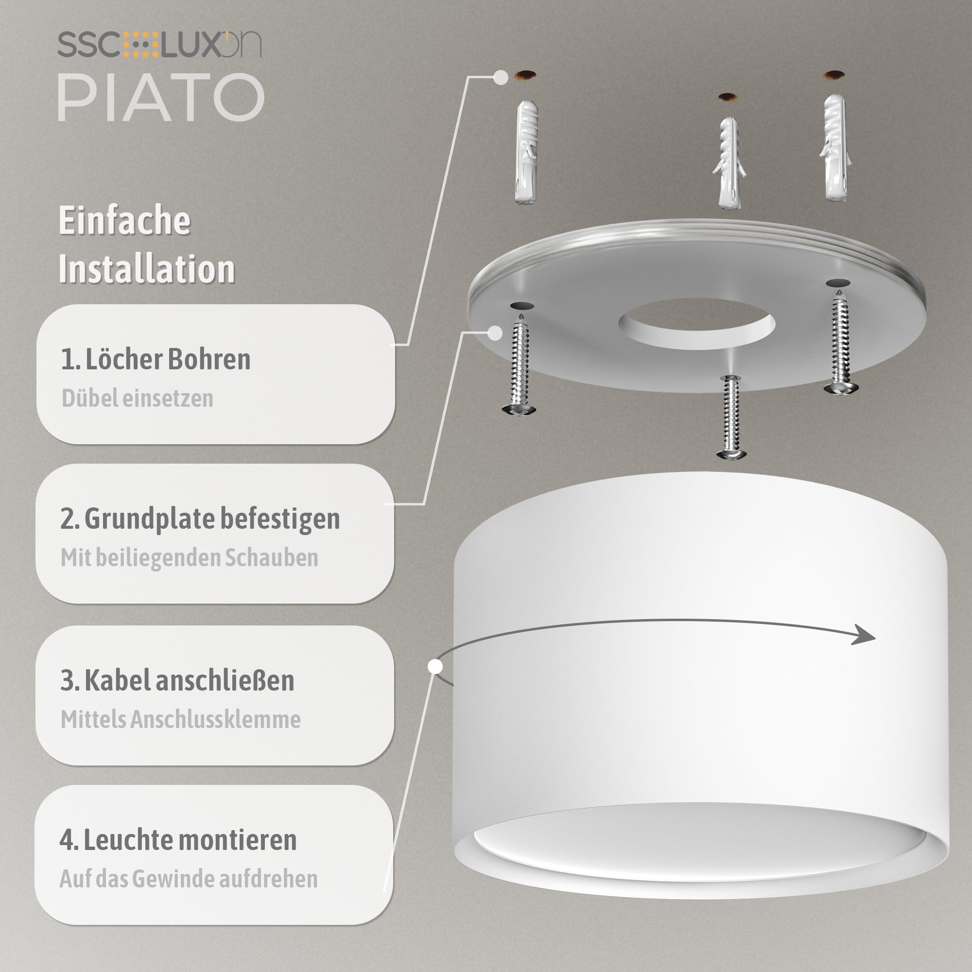 SSC-LUXon PIATO Aufbaustrahler 4er Set weiß rund 6W warmweiß Decke inkl LED | Vier flache Aufputz-Deckenspots weiß matt - warmweiß 6W, für Wohnzimmer, Flur & Büro, direkt an 230V, Ø14cm, inkl. LED