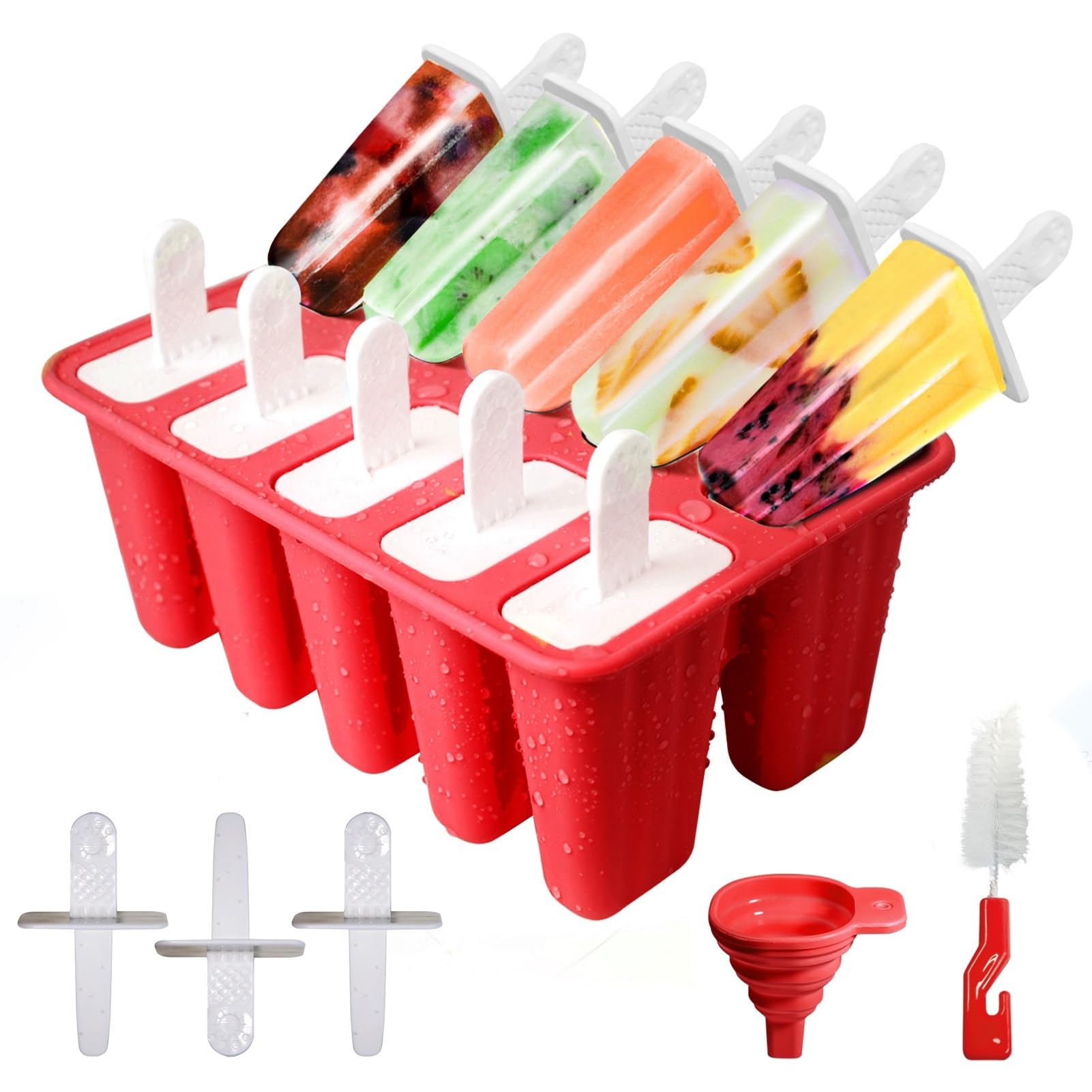 10 cavités vertes Moule Glace Silicone, Boules à Glaces sans BPA, Moules à Popsicle en Silicone Créatifs Fait Maison, Moule Glacon avec Brosses et Entonnoirs Pliants (LAN-10