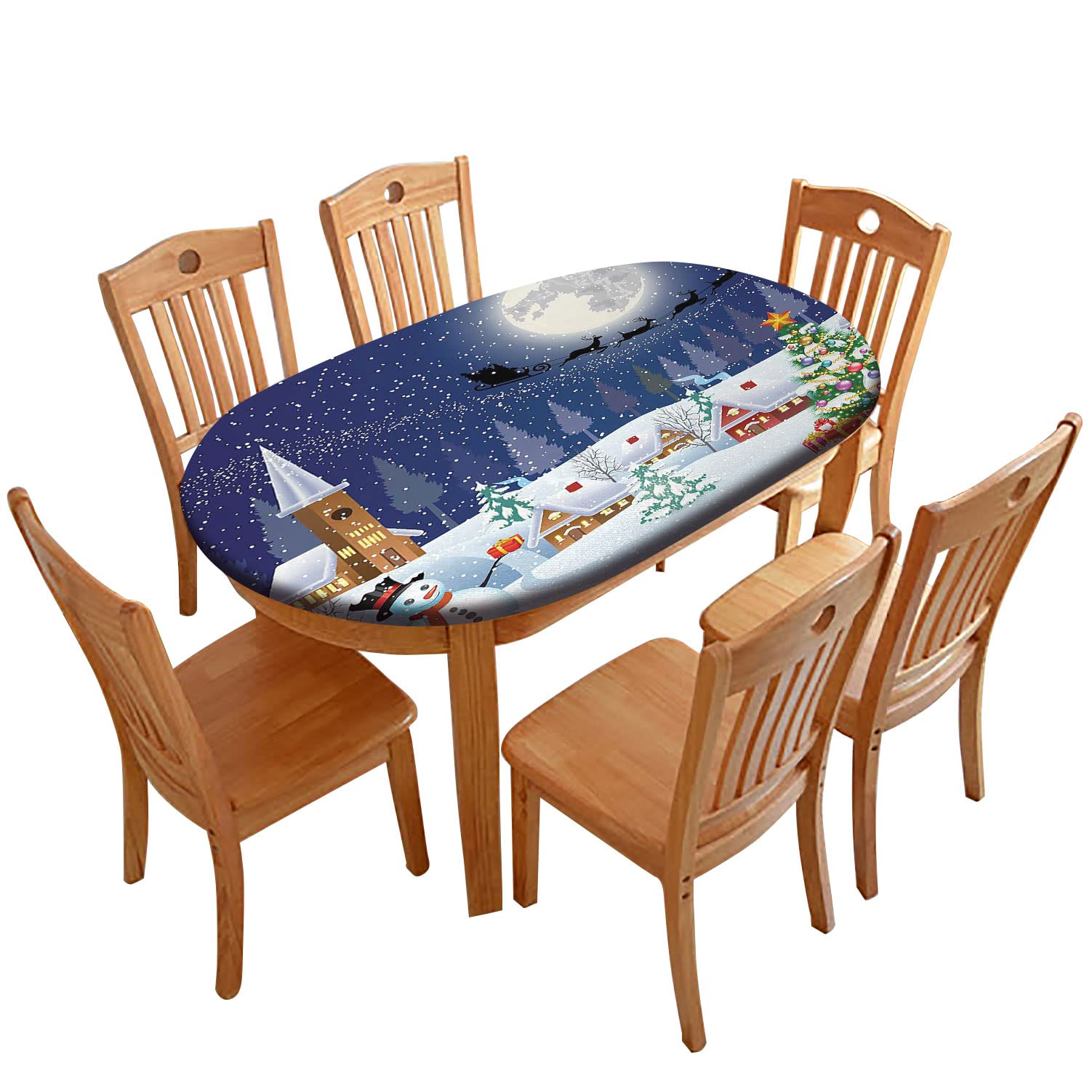 Christmas Oval Fitted Tablecloths, Snowman Xmas Tree Santa Sleigh Print Elastic Edge Table Covers, Waterproof Table Cloth for Indoor/Outdoor Xmas Canteen Dinner, Fits 48" X 68" Tables, Blue White