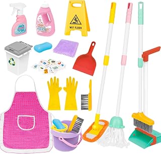 deAO Kids Cleaning Set 17 Pcs,Toy Cleaning Set Includes Broom,Mop,Brush,Dust Pan,Duster,Sponge,Clothes,Spray, Bucket, Caution Sign,Pretend Housekeeping Play Set