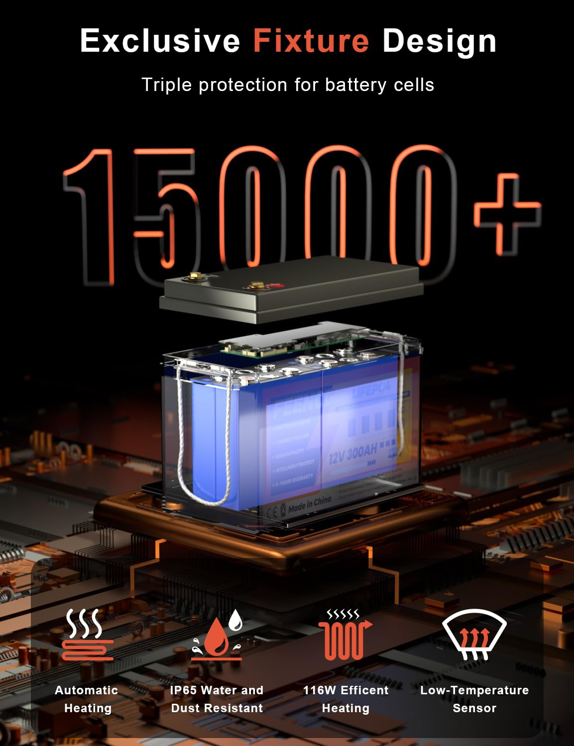 Selbsterwärmung 12V 300Ah LiFePO4 Lithium Batterie, -20℃ Ladung, Bluetooth Integriertes 200A BMS, MAX. 3840Wh Leistung,Deep Cycle Lithium Akku Perfekt für Wohnmobil, Solaranlage, Trolling Motor