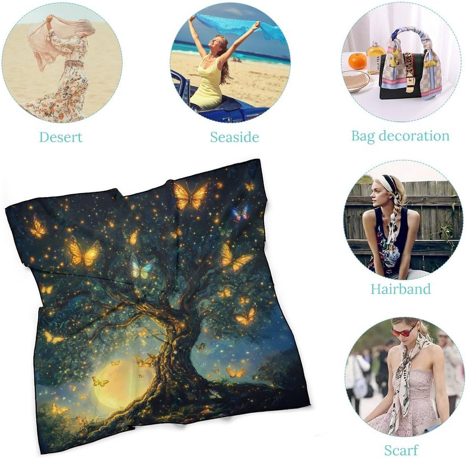 Butterfly Treelife Bandana Fashion Head Scarf Square Silk Scarf Print Neck Hair Scarfs for Women Men Gifts
