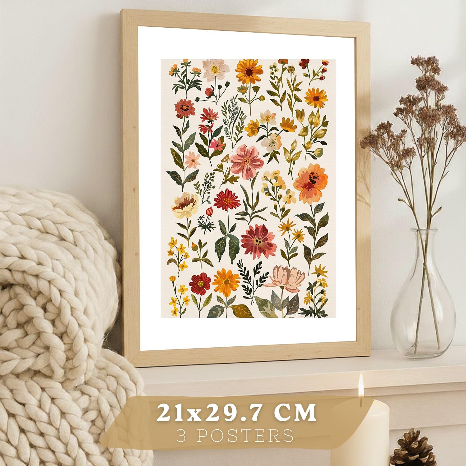 Nacnic Lot De 3 Affiches Fleurs Sauvages – Décoration Murale Champêtre, Salon Moderne Chambre Cuisine Salle De Bain A3 Cadre En Bois Léger