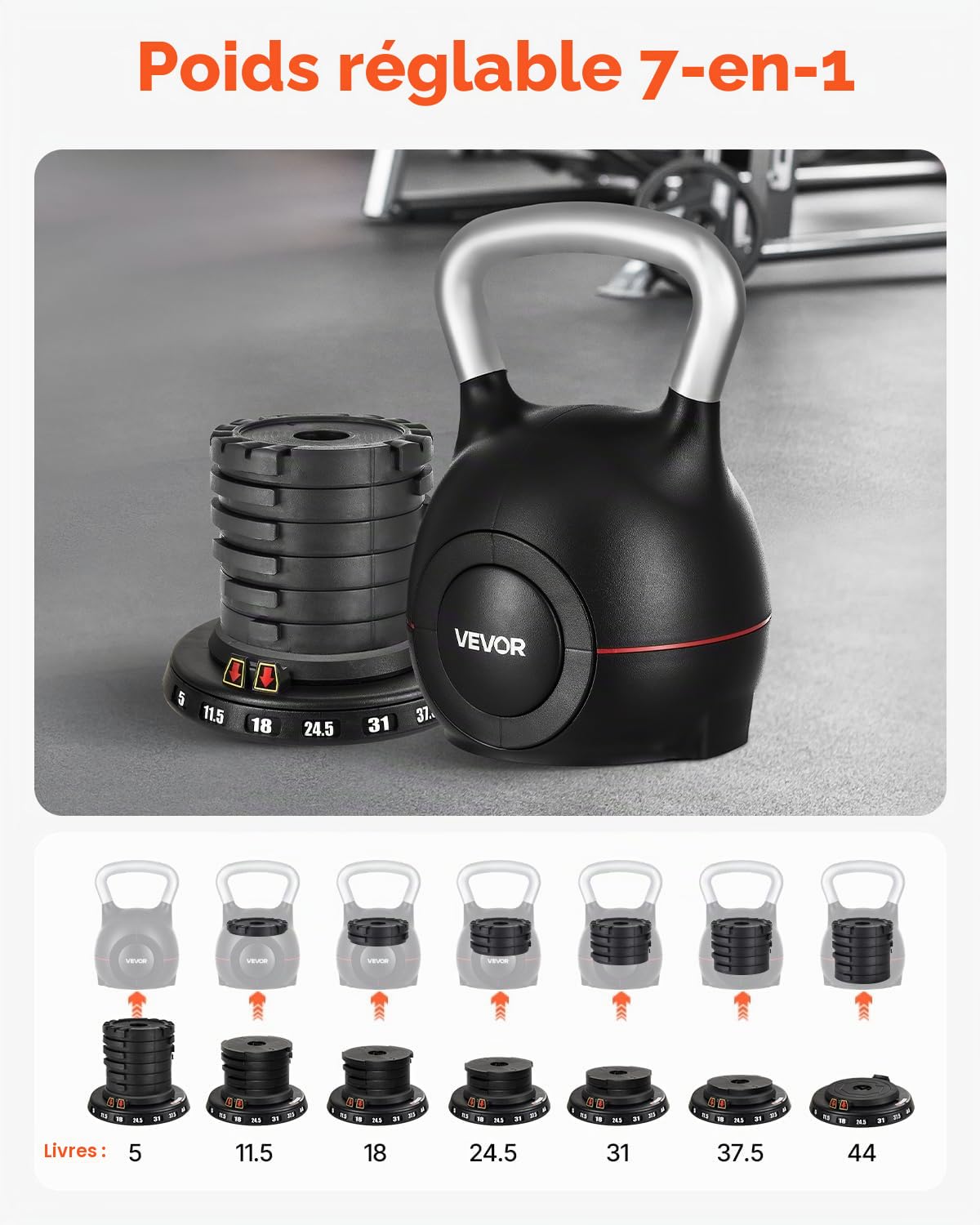 VEVOR Kettlebell réglable avec 7 niveaux de poids, aluminium moulé sous pression et matériau ABS, pour entraînement de force de préhension, entraînement complet du corps et entraînement croisé