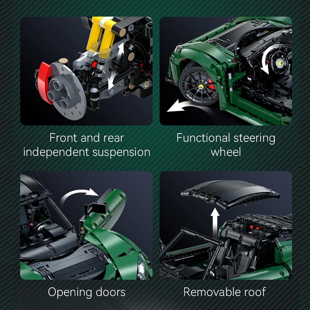 Four diagrams showing the functional features of the CaDA Lotus Exige Cup 430 model: front and rear independent suspension, functional steering wheel, opening doors, and removable roof.