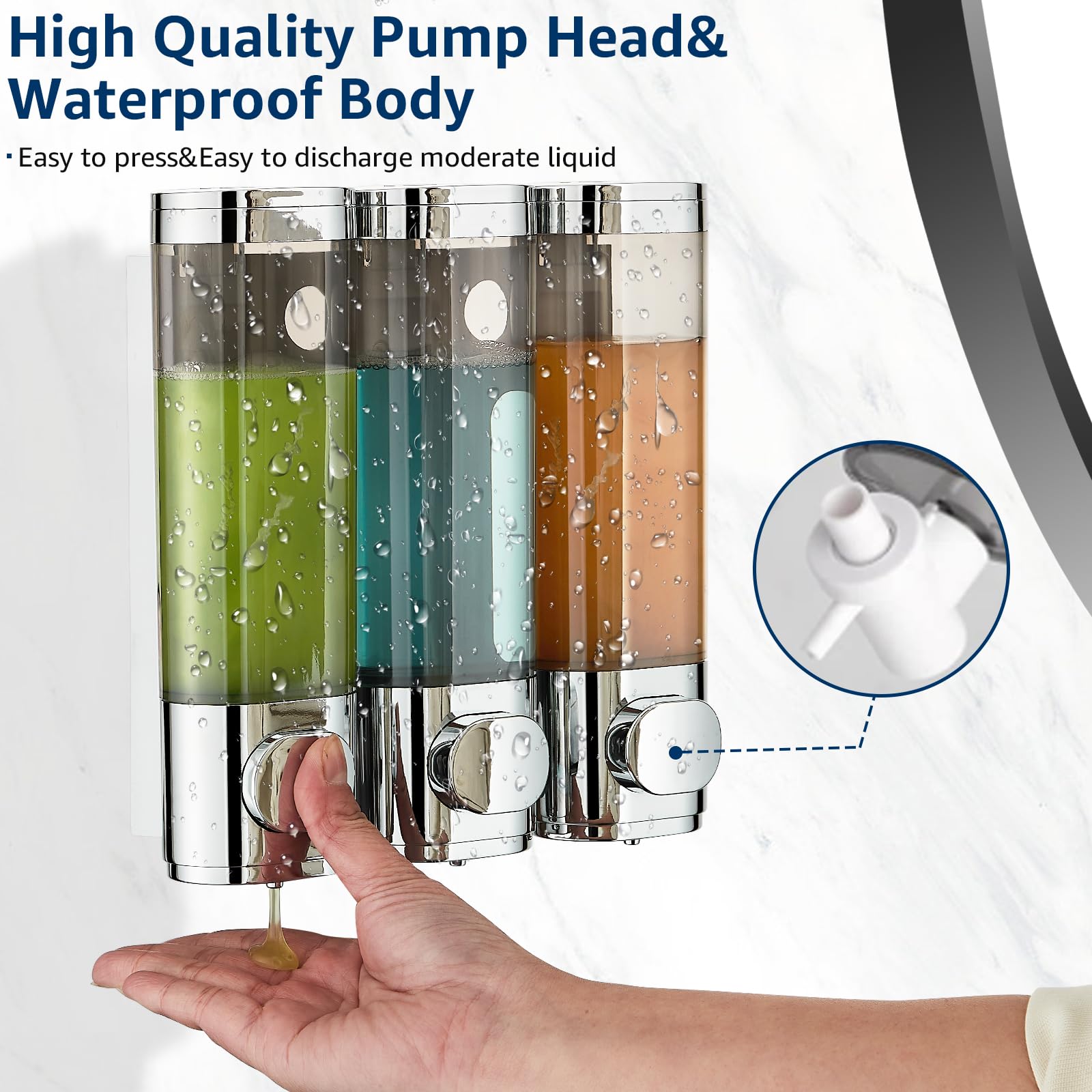 modunful Shower Dispenser 3 Chamber No Drill Shampoo Dispenser for Shower Wall Mounted Shampoo Conditioner Body Wash for Bathroom,Large Capacity,Chrome - Image 3