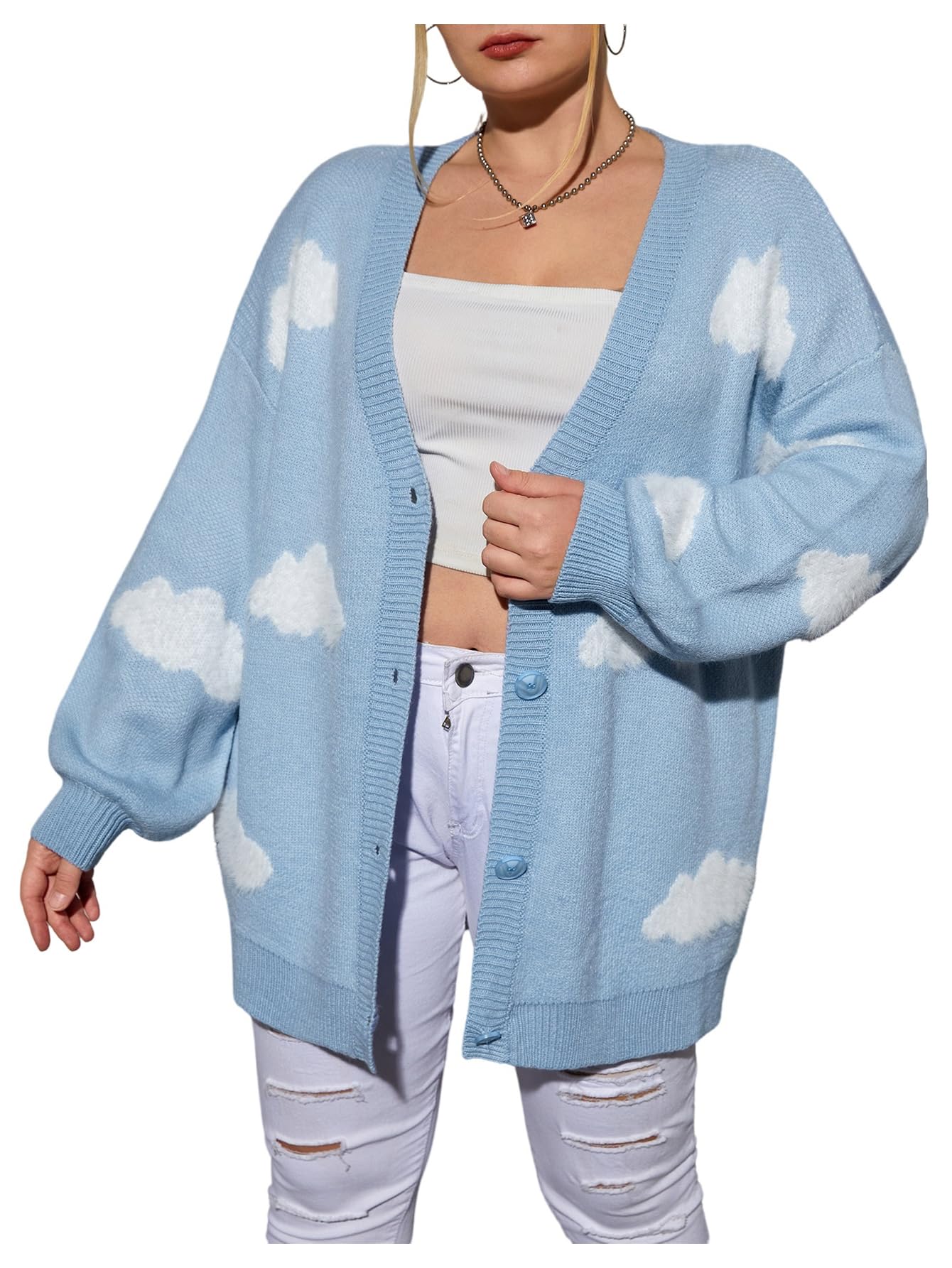 Womens Plus Size Clouds Graphic Sweater Cardigan Button Down Long Sleeve V Neck Fall Sweaters