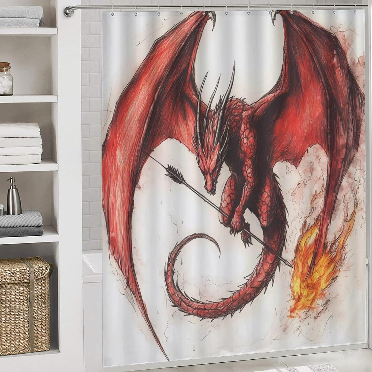 Dragon Flames Arrow Bathroom Sets with Shower Curtain and Rugs 4 Piece with U-Shaped Floor Mat Toilet Lid Cover
