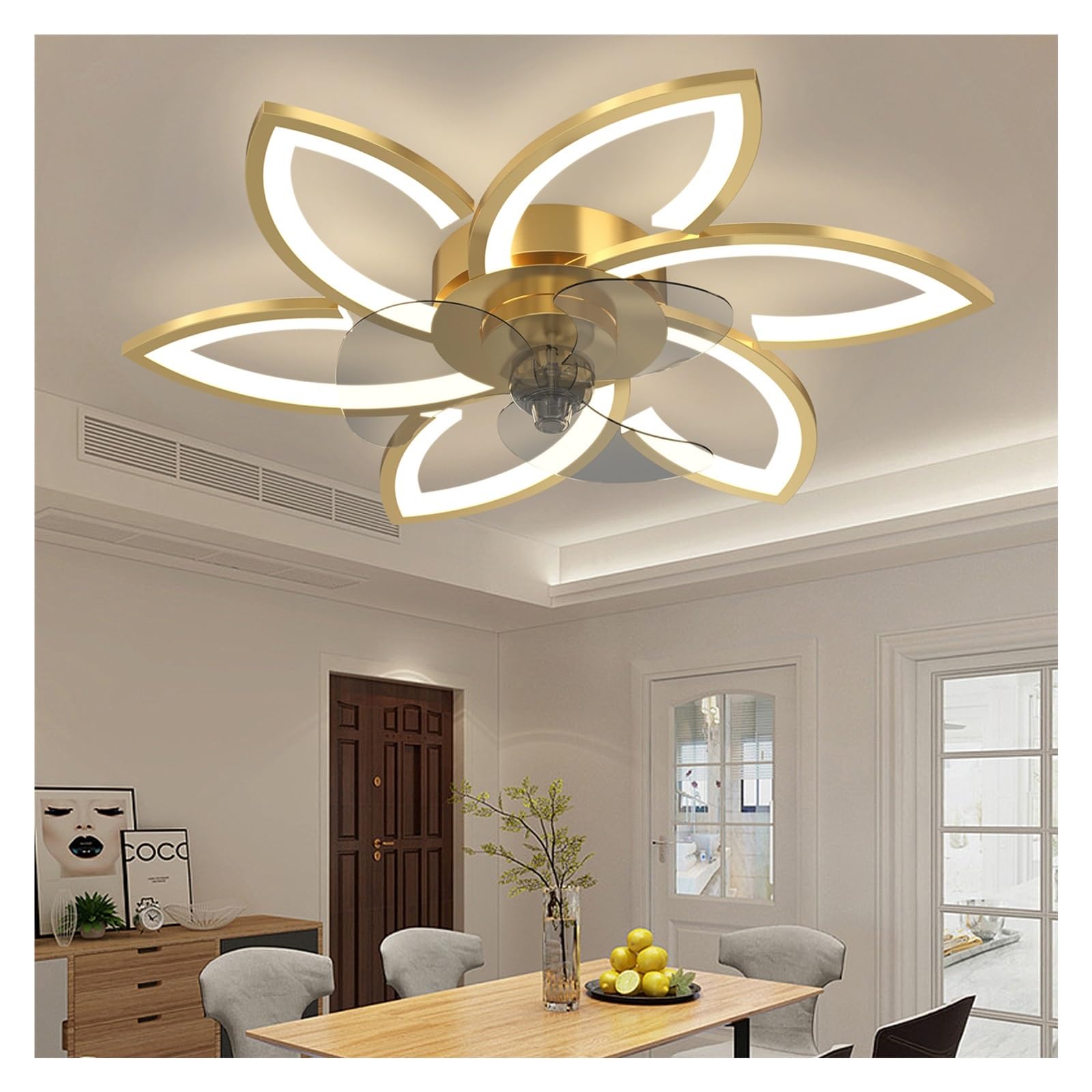Ventilatore Da Soffitto Con Luce E Telecomando, LED Silenzioso Lampadario Ventilatore Dimmerabile 6 Velocità E APP Timer Ventilatori Da Soffitto Con Lampada Per Camera Da Letto-Chrome Gold