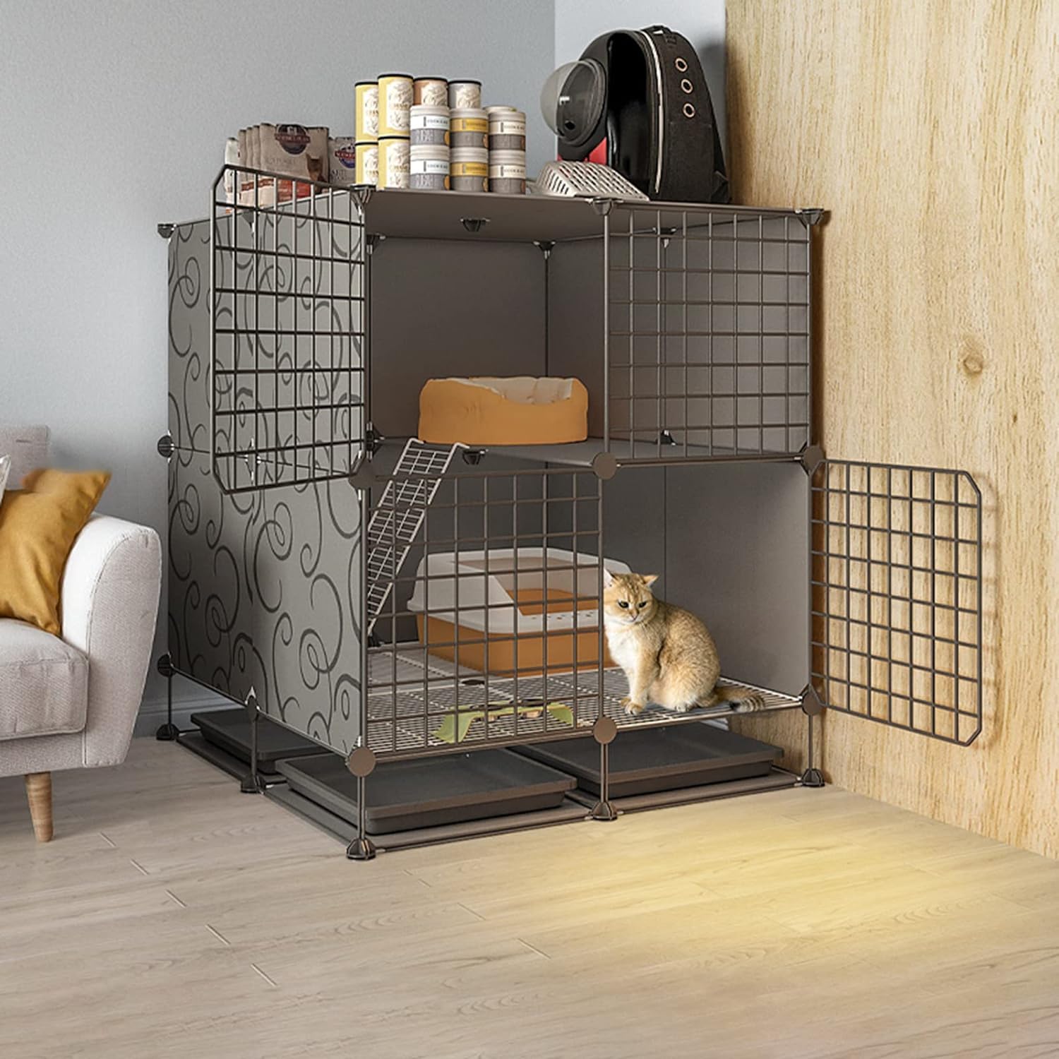 Gabbia per gatti da interno di grandi dimensioni, pieghevole, adatta a piccoli animali, in metallo, ideale per balconi e balconi (75 * 72 * 82 cm)
