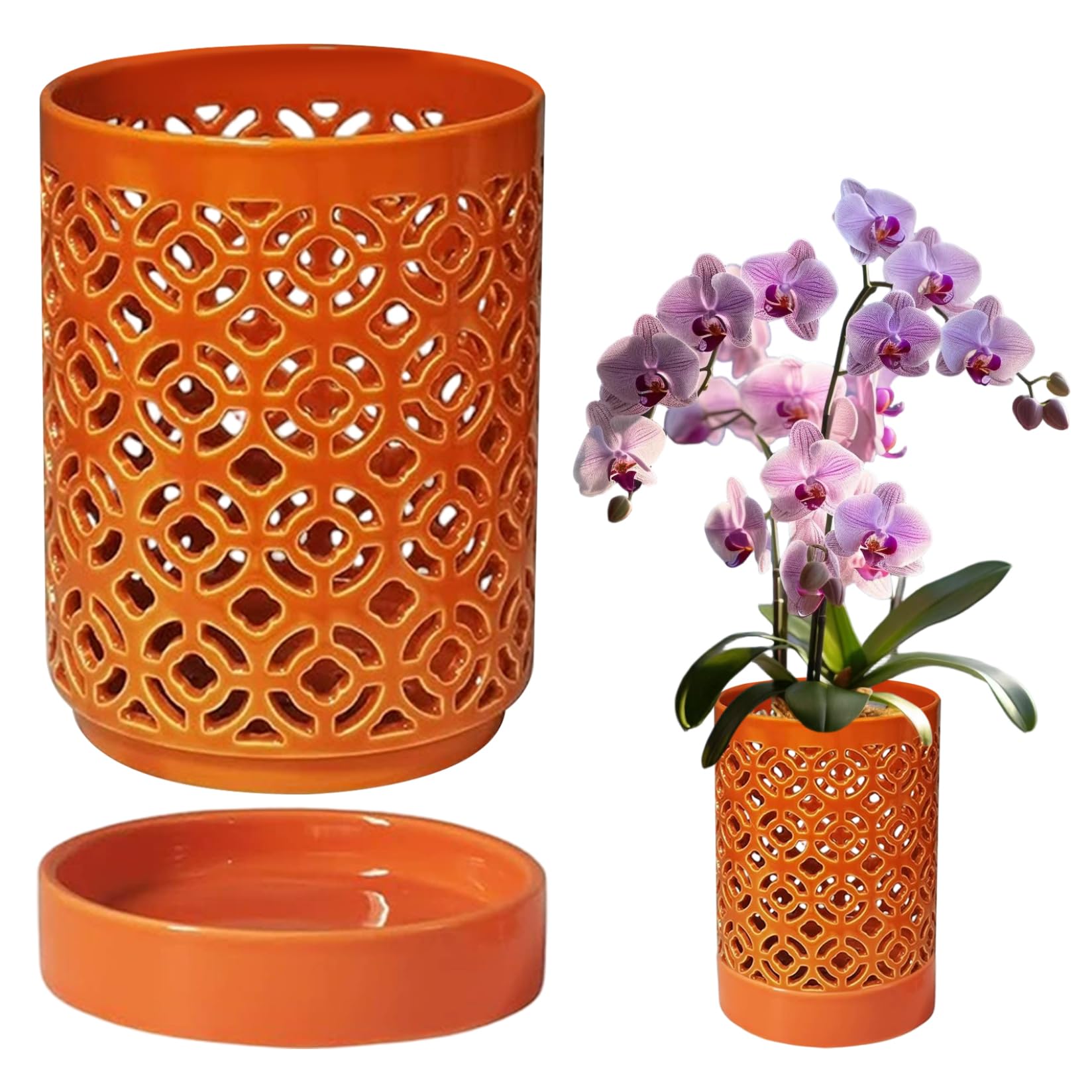 Grsrkep Orange Orchid Pots 5.5X4in Orchid Planter With Holes & Saucer & Drainage Ceramic Plant Pot For Indoor Outdoor Plants,
