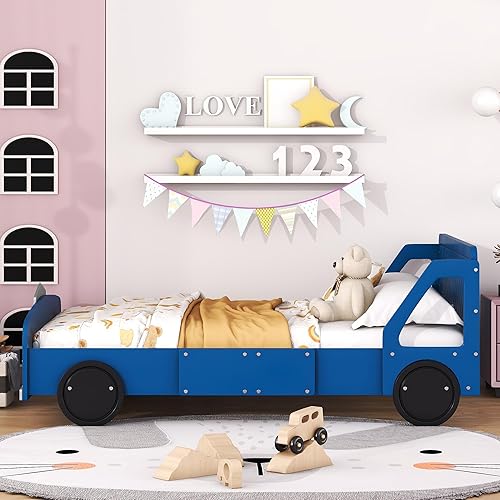 Miniatura 179 de Cama de plataforma en forma de auto de carreras con ruedas, cama de plataforma de madera tamaño individual con barandilla, cama de plataforma para