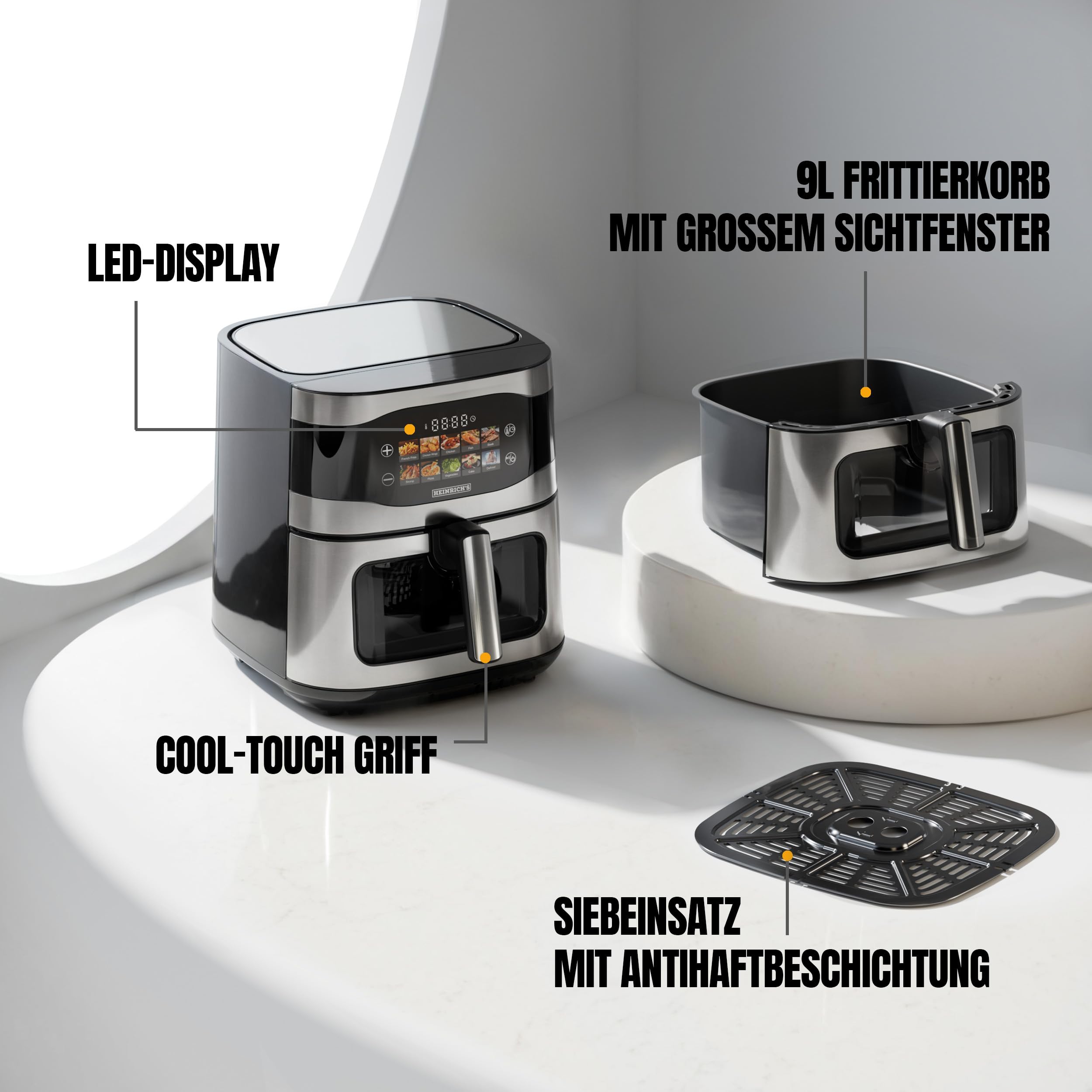 HEINRICHS Heißluftfritteuse, 9 Liter XXL Air Fryer, 10in1 Heißluftfritteuse, LED-Display mit Sensor-Touch Bedienung, fettfreie Zubereitung, inkl. Timer, platzsparend, spülmaschinenfester Korb, 1800W