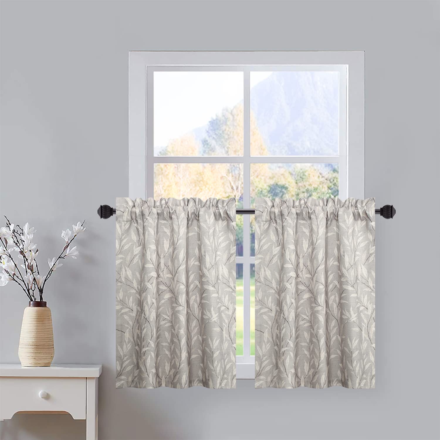 VOGOL Leaf Print Tiers Curtains Grey Small Window Curtains for Bathroom Laundry Room Basement Rod Pocket Lovely Leaf Print Window Drapes, 30 x 30, 2 Panels