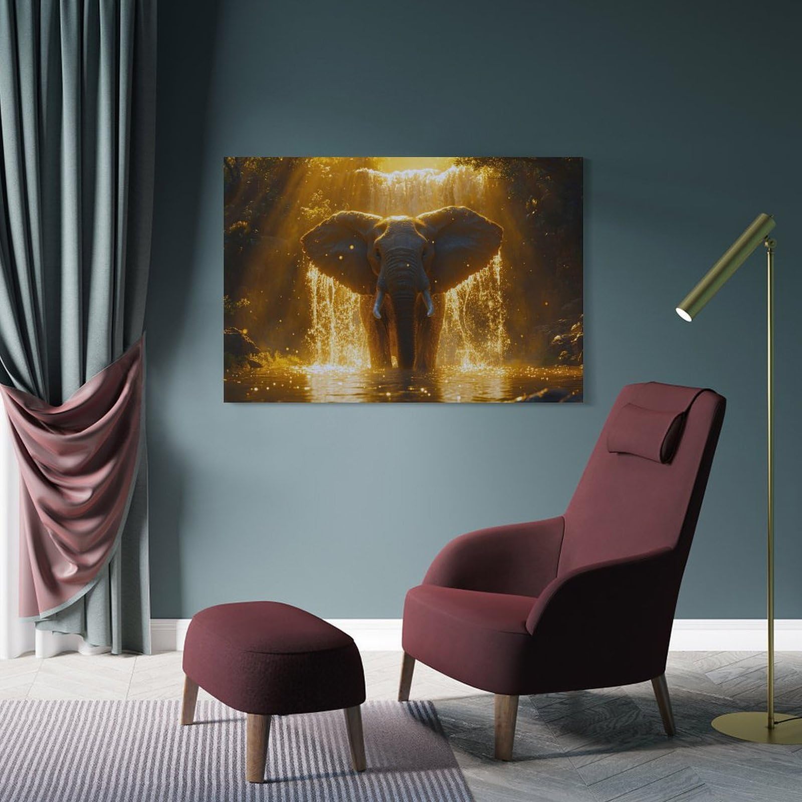 Junmoney Elephant Waterfall Golden Light Wall Art Print 24x36inch(60x90cm), for Lounge, Study, Hallway Or Flat Walls, Decorative Artwork with Broad Appeal