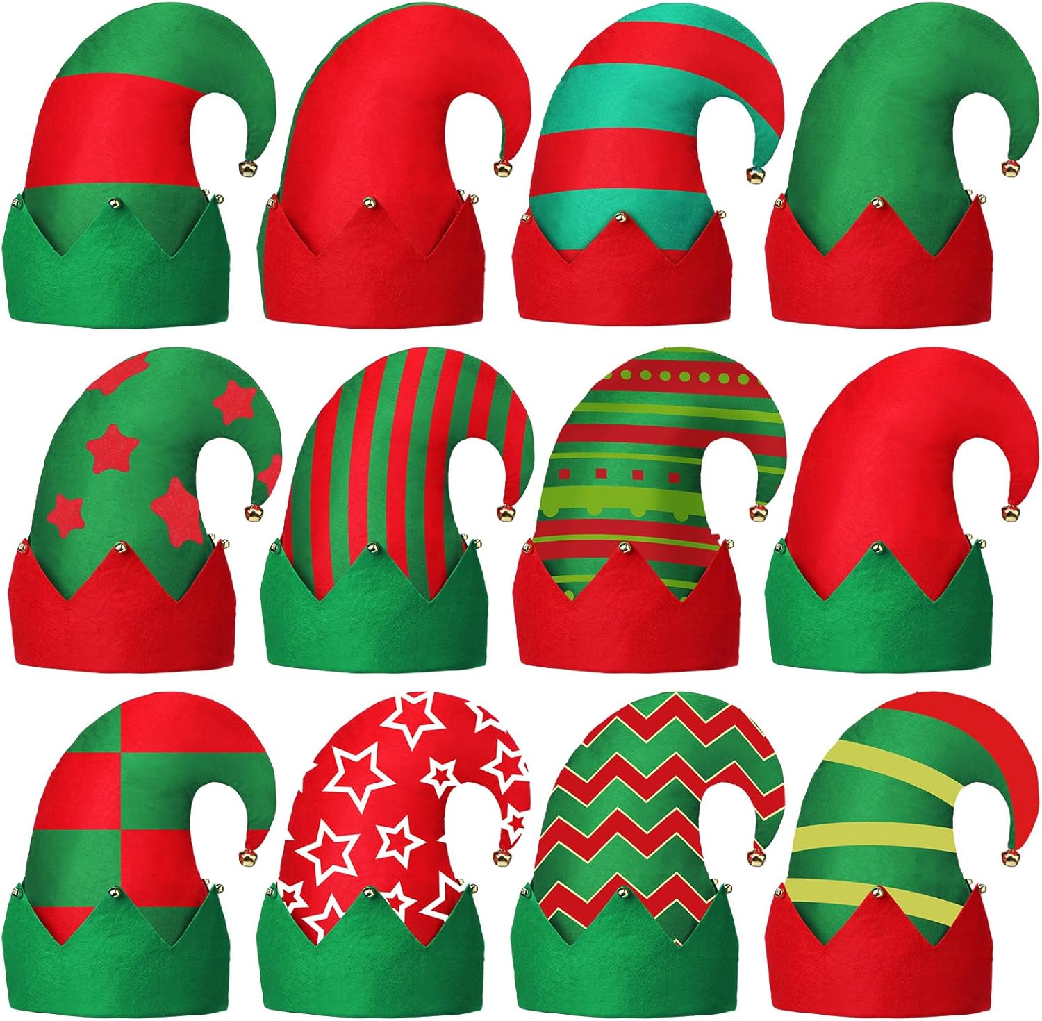 12 Pcs Christmas Elf Hat Colorful Funny Hats with Bell Holiday Party Accessories for Adults Santa Headdress for Party(Classic 3)