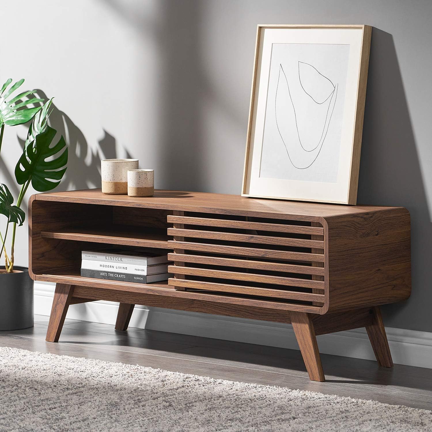 mopio Ensley 46" TV Stand with Slatted Door, Mid Century Modern Entertainment Center for 55/60/65 inch TV, Farmhouse Media Console with Storage, Adjustable Shelves, Round Edges, Living Room (Walnut)