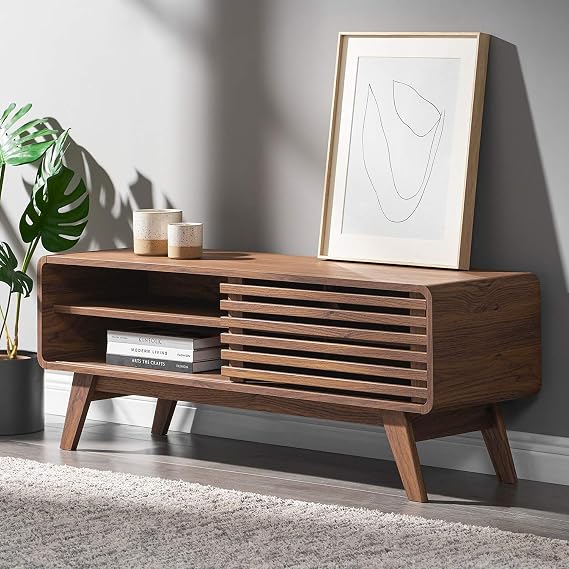mopio Ensley 46 TV Stand with Slatted Door, Mid Century Modern Entertainment Center for 55/60/65 inch TV, Farmhouse Media Console with Storage, Adjustable Shelves, Round Edges, Living Room (Walnut)