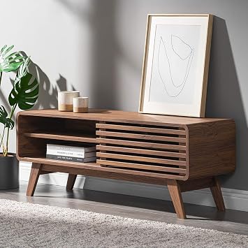 mopio Ensley 46 TV Stand with Slatted Door, Mid Century Modern Entertainment Center for 55/60/65 inch TV, Farmhouse Media Console with Storage, Adjustable Shelves, Round Edges, Living Room (Walnut)
