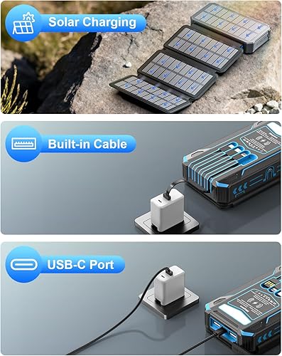 Miniatura 7 de Cargador solar de 49800 mAh, cargador de teléfono portátil inalámbrico integrado, 4 cables y 4 paneles solares, 12 W QC3.0 carga rápida USB-C