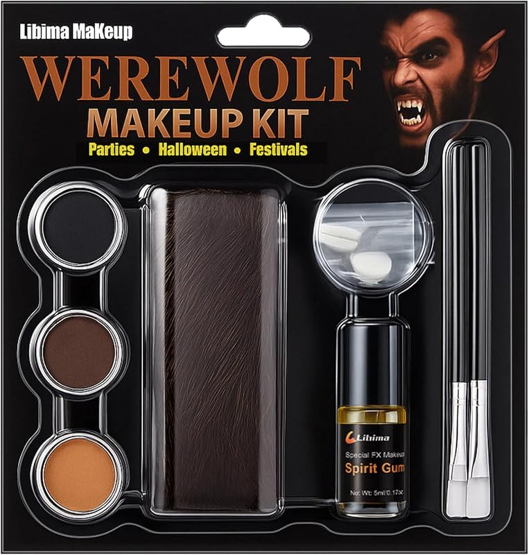 Libima Kit de maquillaje de hombre lobo para Halloween, accesorios de maquillaje de efectos especiales | Juego completo de personajes con pintura facial, goma espiritual, pelo de barba realista, dientes, cepillo para fiesta de carnaval, cosplay de Halloween