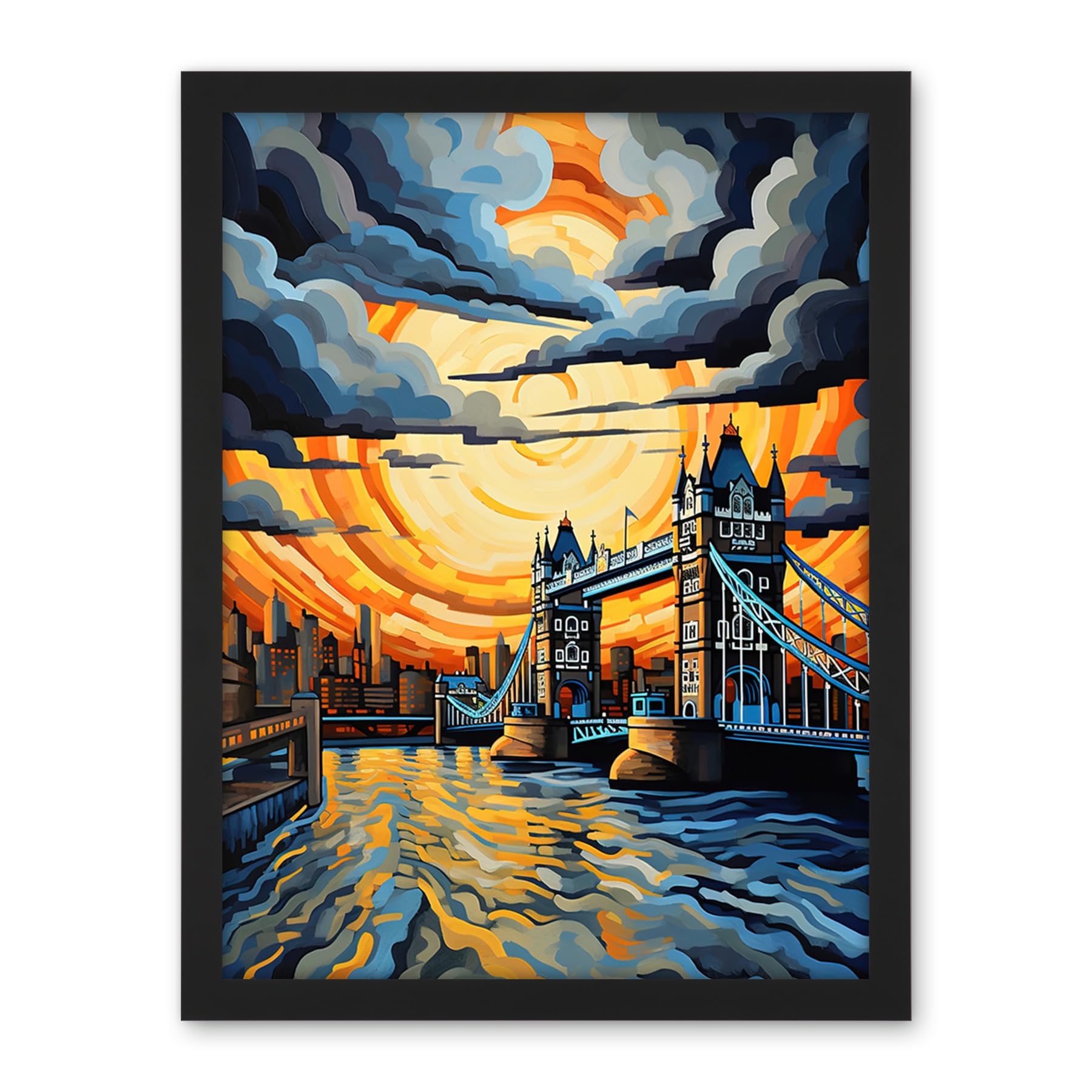 Artery8 London Tower Bridge Dramatic Sunset Vibrant Artwork Blue Orange River Thames England Cloudy Sky Artwork Framed Wall Art Print 18X24 Inch