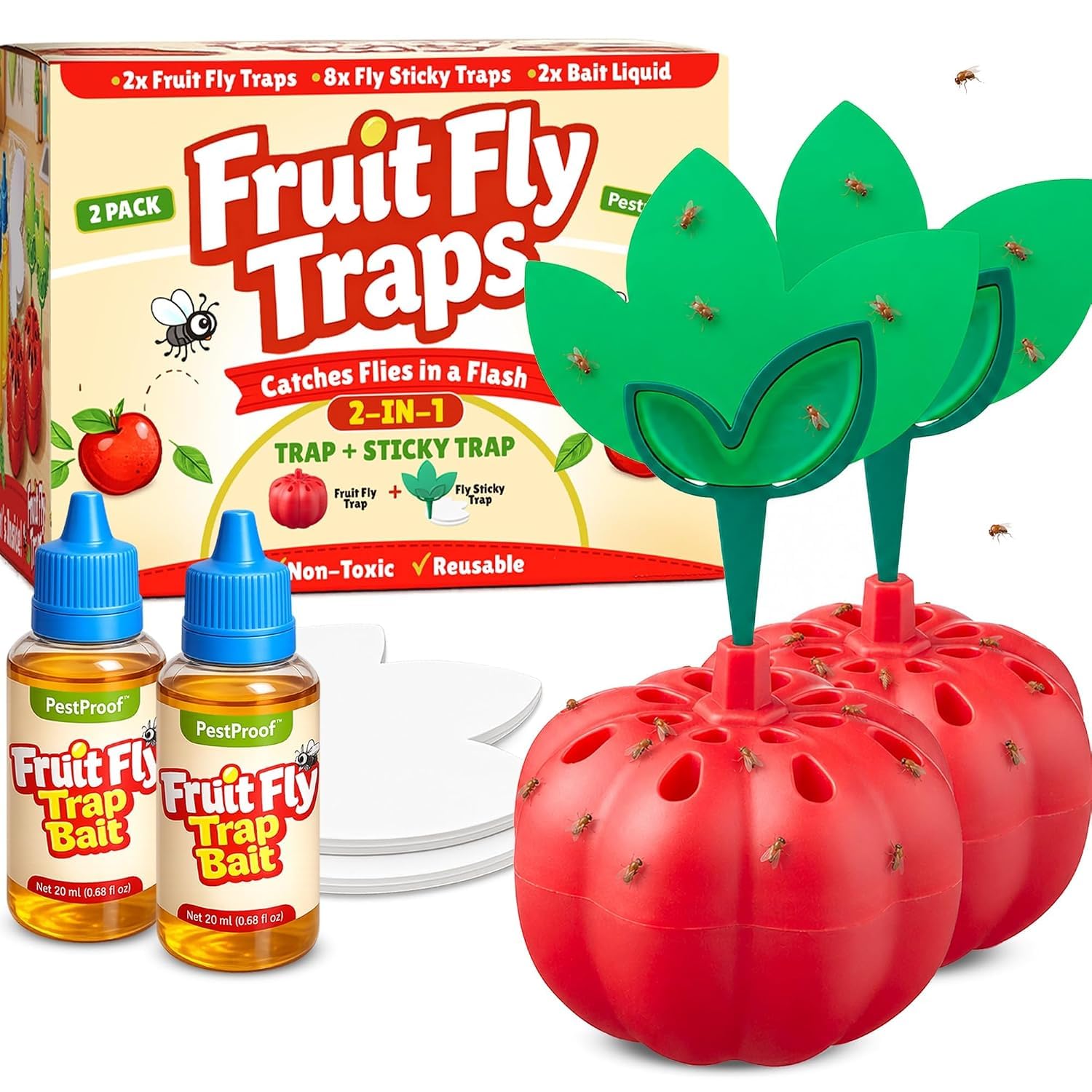 Fruit Fly Trap (2 Pack) 2 in 1 Design with Sticky Fly Trap Indoor, Highly Effective Fruit Fly Traps Indoor for Home Use & Kitchen, Bait & Sticky Traps Included, Fruit Flies Trap, Child & Pet Friendly