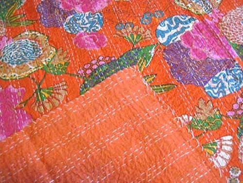 Miniatura 5 de Colcha reversible con patrón de frutas indias de algodón puro Gudri blanco estilo Kantha tamaño Queen, colcha de cama con estampado floral y frutal,