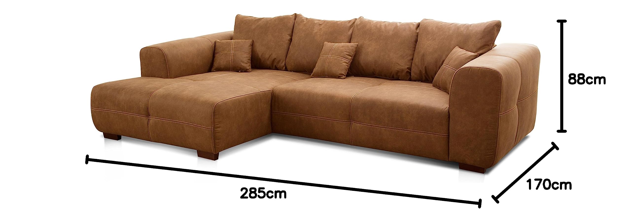 Cavadore Canapé d'angle Mavericco XXL avec Coussin de Dossier et Coussin décoratif, Chaise Longue à Gauche, Style Industriel, 285 x 69 x 170 cm (l x H x P), en Microfibre, Cognac