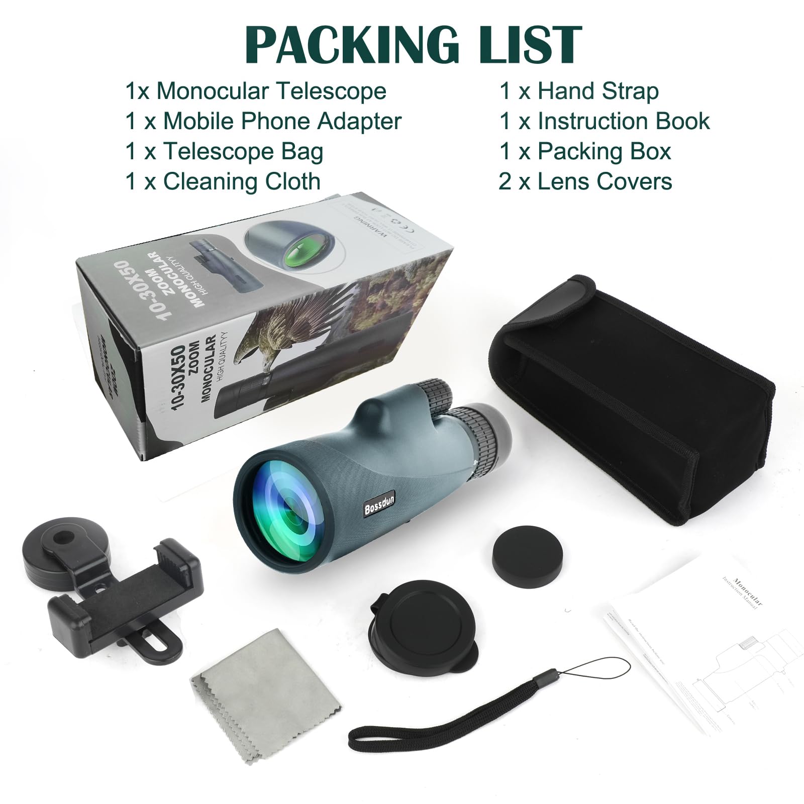 10-30x50 Monokular Teleskop für Erwachsene, Wasserdichtes HD Monokular Zielfernrohr mit Smartphone zur Vogelbeobachtung Sightseeing Wandern Jagd Camping (Green)