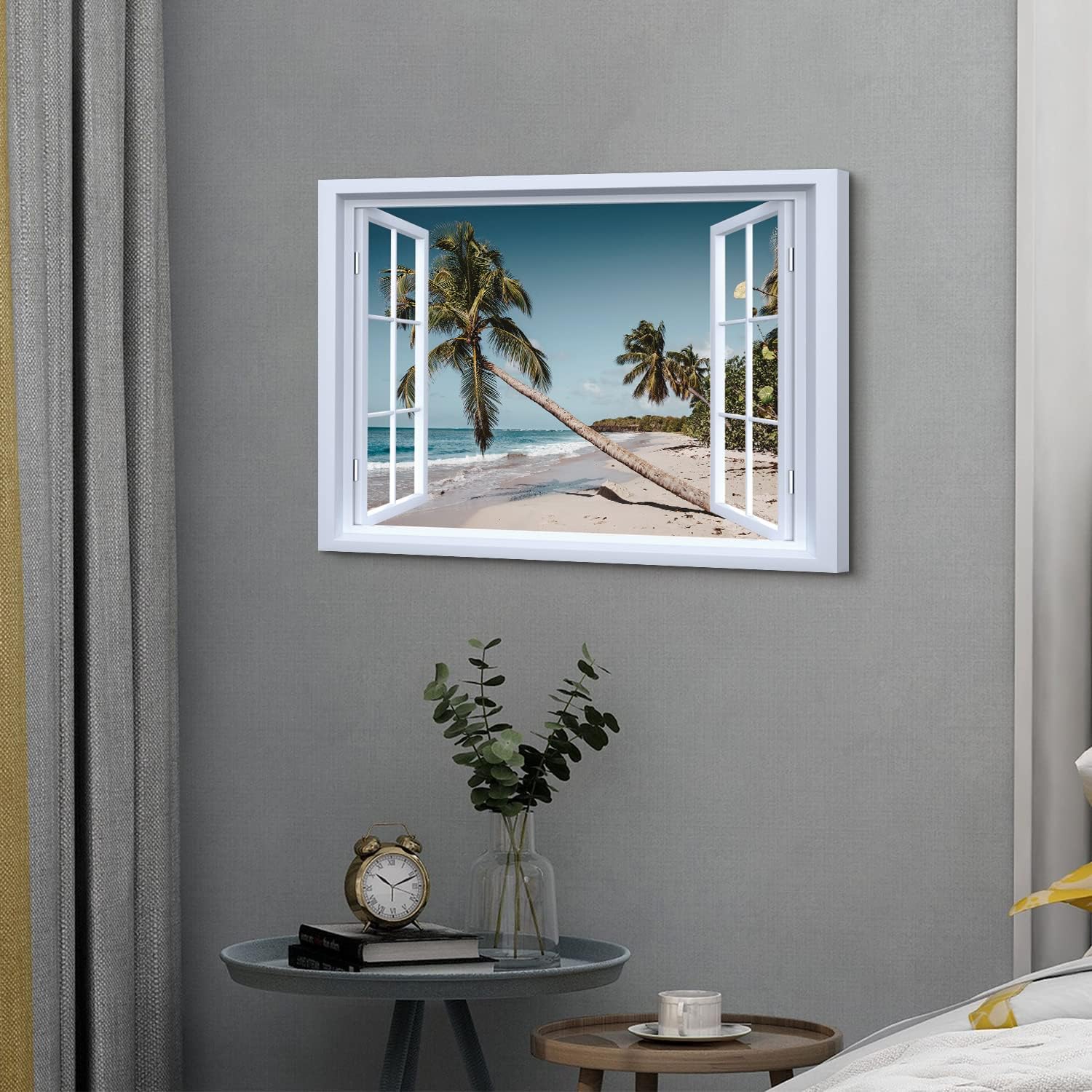 Blue Ocean Canvas Wall Art Palm Tree Scenery Prints Pictures Bathroom Decor Tropical Seascape Paintings Coastal Skyline Poster Window Frames Nature Landscape Artwork for Bedroom Home Decorations 16x24”