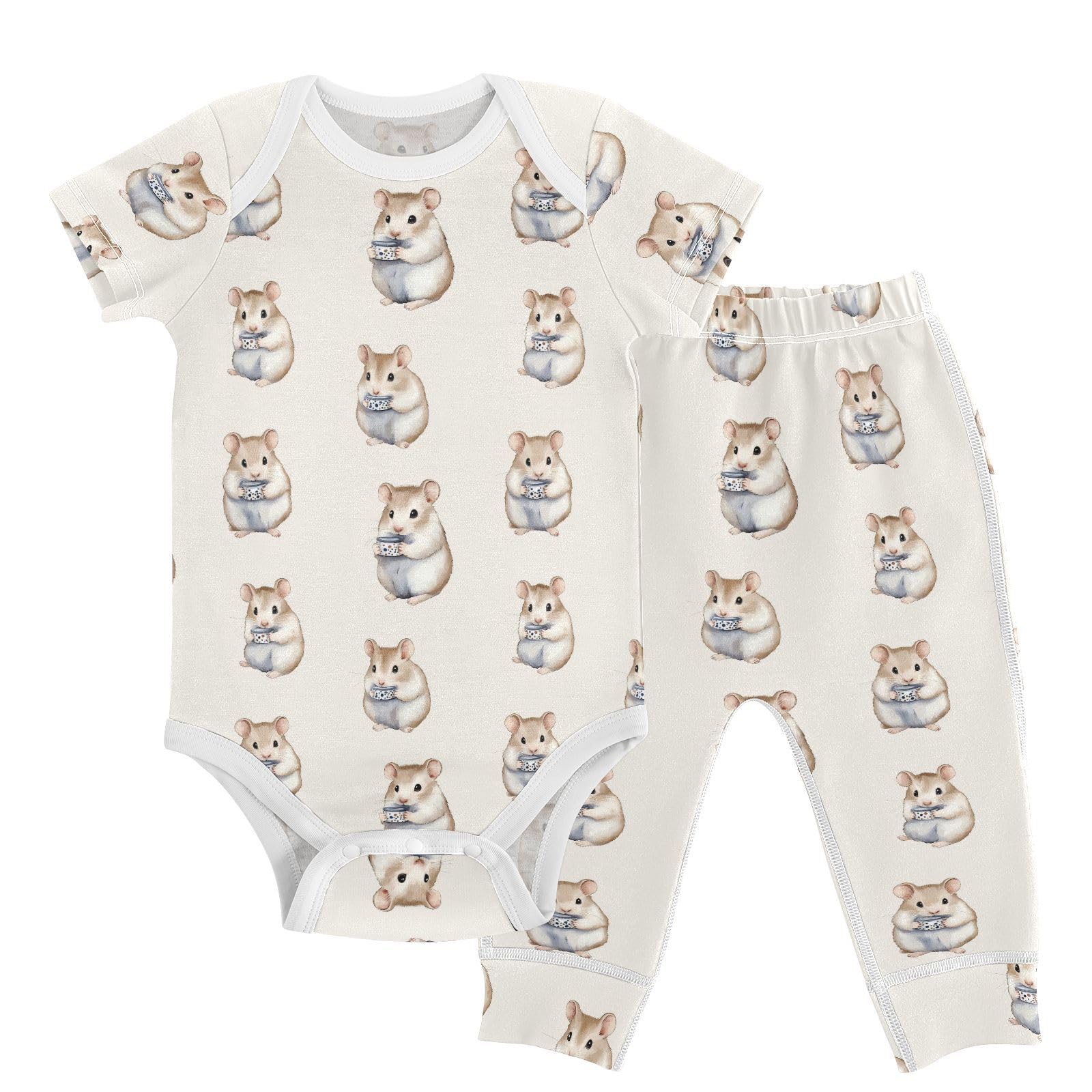 vvfelixl Baby Layette Sets Clothes,Cute Hamster Chewing Baby Bodysuits Set,Unisex Babys Pants Sets Short Sleeve 12-18M