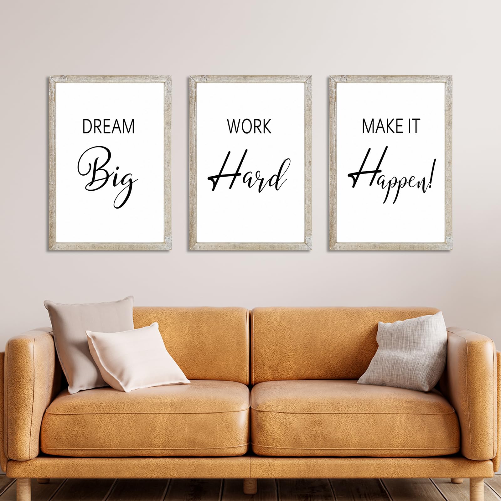 Motivational Positive Sign Wall Decor 24x16 Inch Office Set Of 3 Wood Framed Large Inspirational Quotes Living Room Home Wall Art Dream Big Work Hard Make it Happen women Hanging (White)