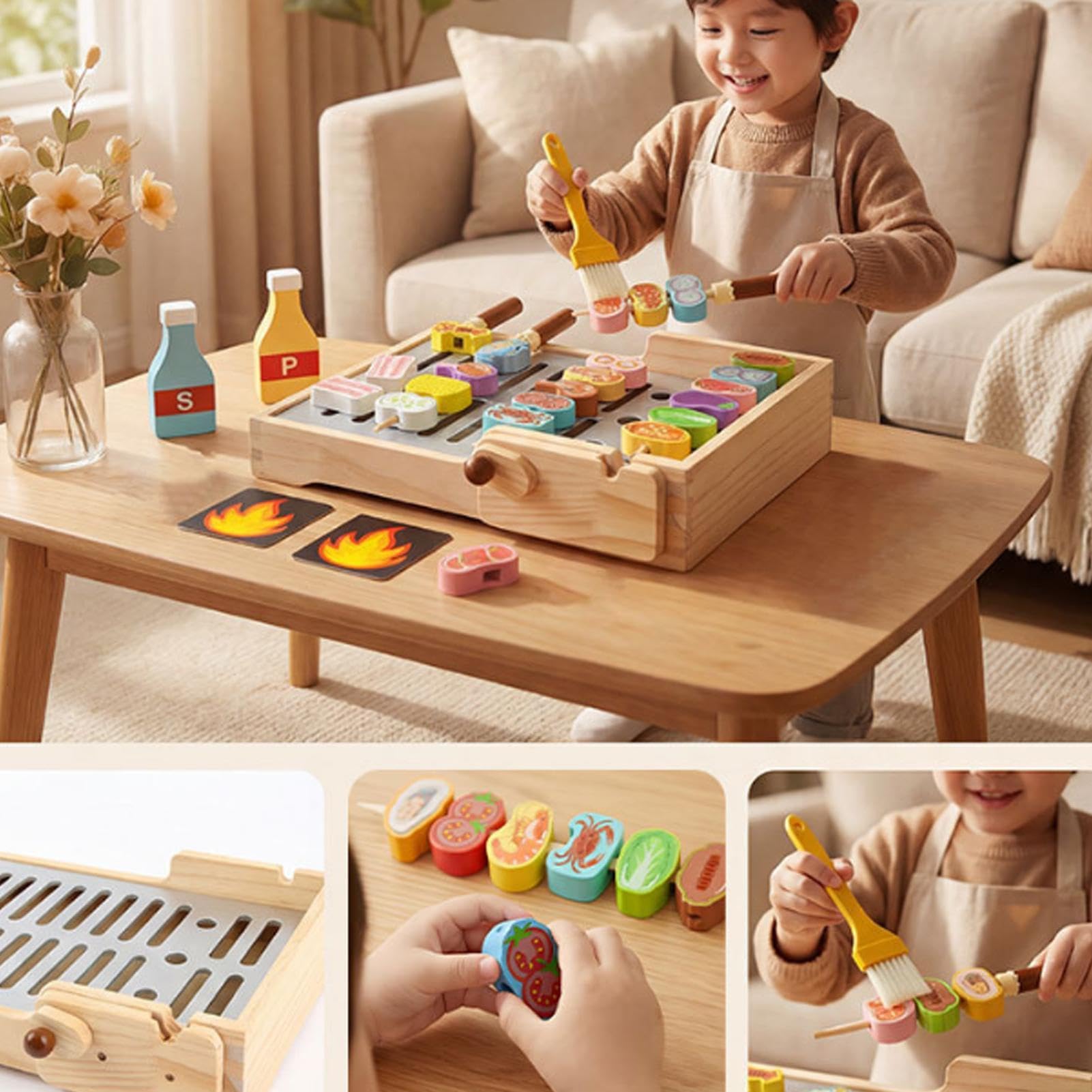 Parrilla Infantil - Lindo Juego de Madera Interactivo Realista Para Niños - Parrilla de Juego de Alimentos | Para Niños Y Niñas Familia Hija Cumpleaños Parque Patio trasero Jardín