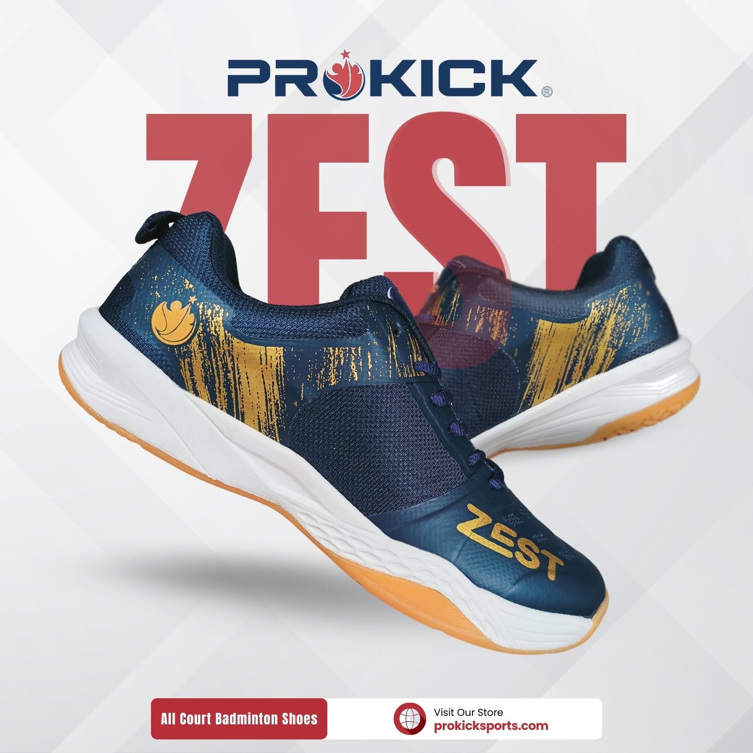 Prokick Zest Non Marking Badminton Shoes Lightweight, Durable & Flexible Badminton Shoes Also Perfect for Squash, Table Tennis, Volleyball, Basketball, Pickleball & Indoor Sports, Navy/Gold - 6 UK 3