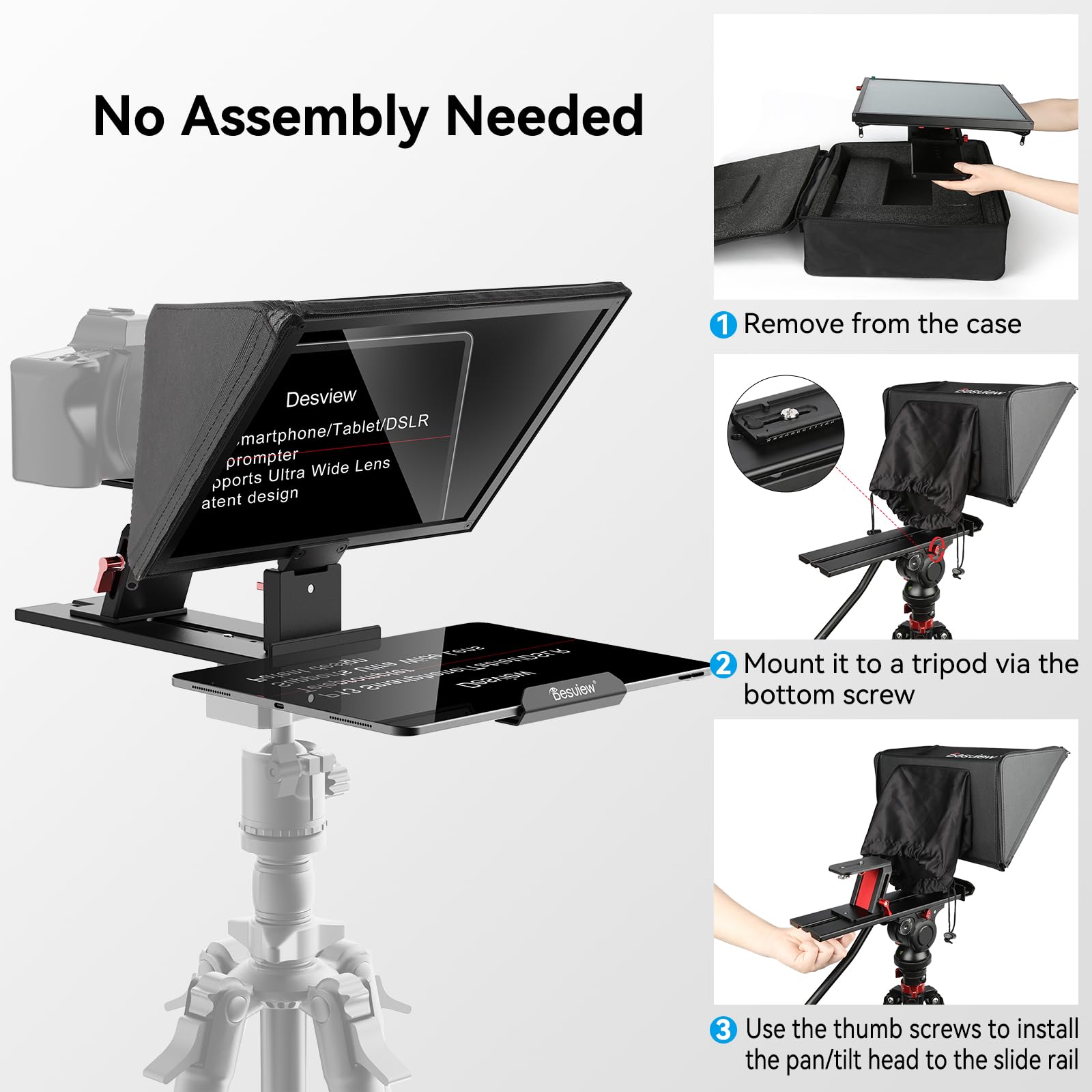 Desview P13 Telepromptor 13" in lega di alluminio regolabile verticalmente per iPad/tablet con telecomando, custodia per il trasporto, app gratuita - ideale per filmmaking, Live Selfie & Vlogging