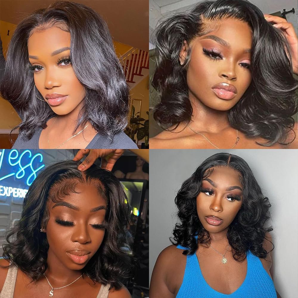 4x4 HD Lace Body Wave Closure Wig Human Hair Bob Wigs for Black Women Glueless Wigs Human Hair Pre Plucked Pre Cut 180% Density Wear and Go Body Wave Bob Wig with Baby Hair 16 Inch Natural Color