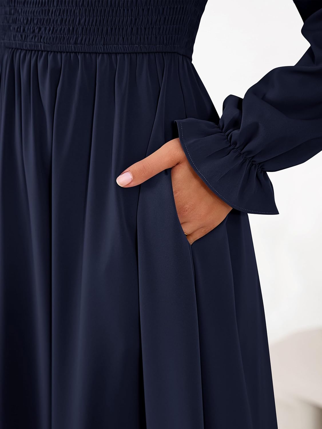 MASCOMODA Womens 2026 Spring Long Sleeve Casual Midi Dress Smocked Square Neck High Waist Flowy A Line Wedding Guest Dresses - Image 7