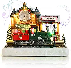 Vigdur Casas de Aldeia de Natal - Estação de Trem de Natal Iluminada com Trem em Movimento e 8 Canções de Natal, Animação de Natal, Decorações de Mesa para Casa