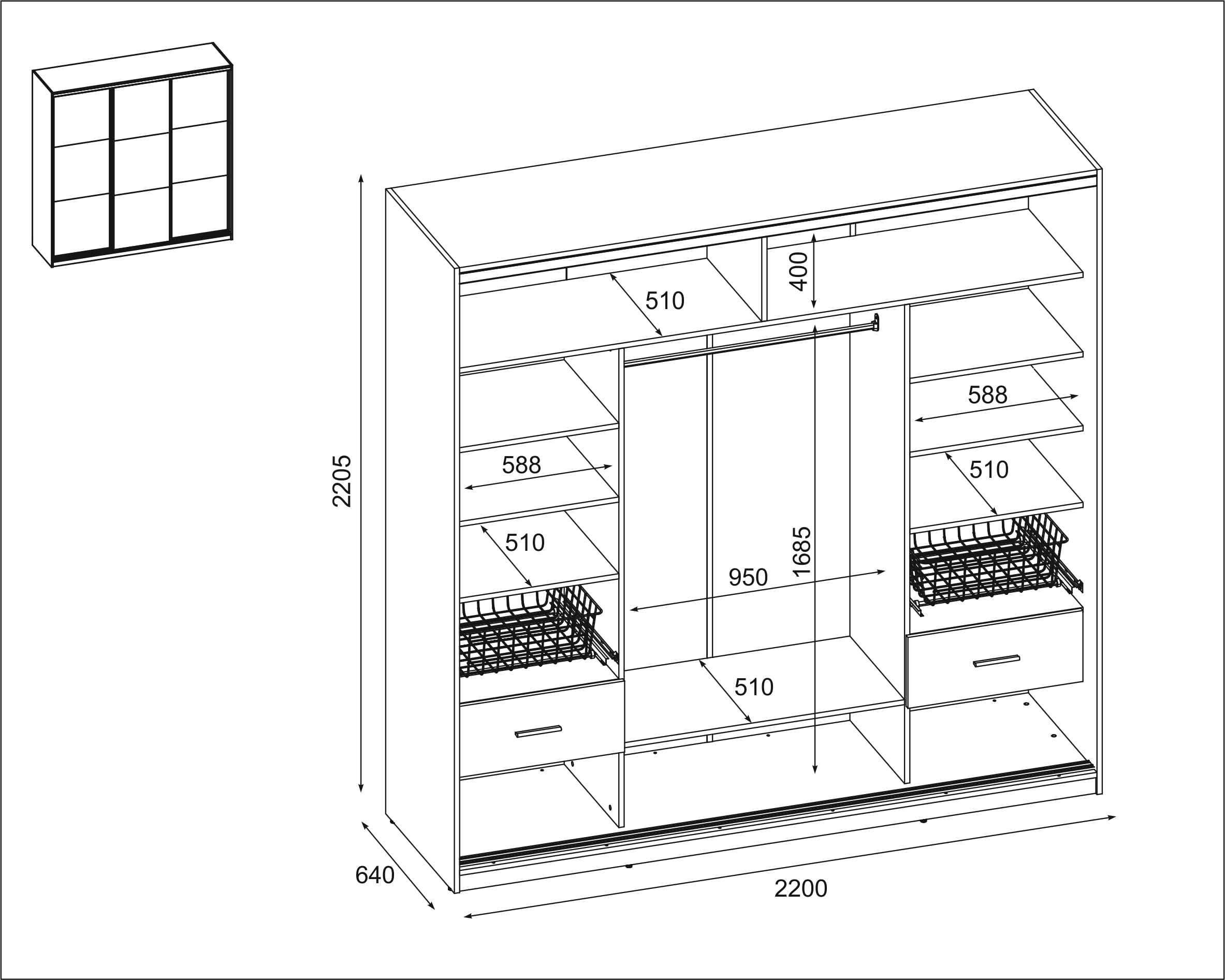 eMeblast trzydrzwiowa szafa na ubrania – 220 x 220 x 64 cm – drzwi przesuwne – sypialnia – salon – szafa garderobiana – drążki na ubrania – szuflady – półki wkładane Silver Sonoma jasna/biała z