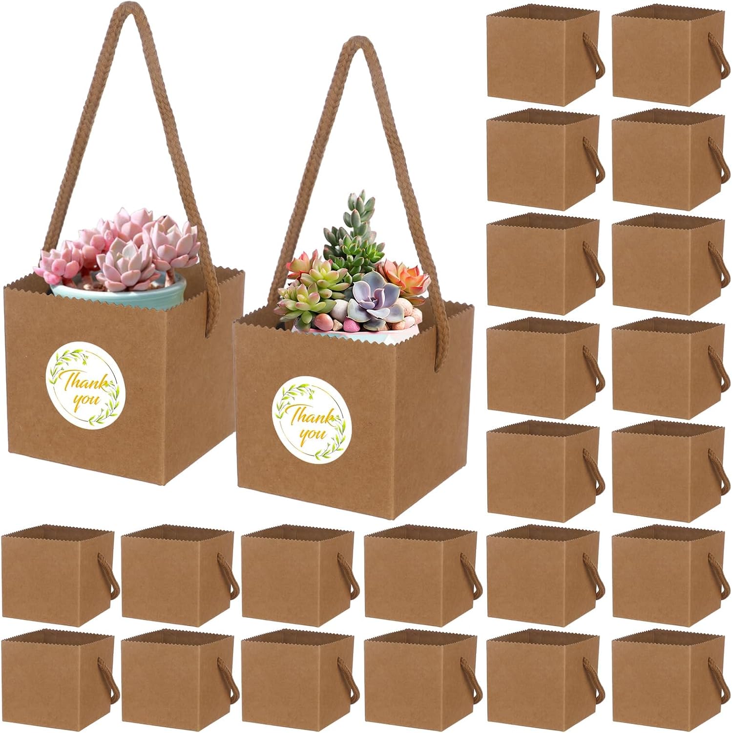 Beupy 100 Pcs Succulent Wrap Bags Bulk 2.5 Inch Mini Kraft Paper Succulent Wrap Bags with Handles & Thank You Stickers for Wedding Baby Shower Succulent Plants Party Favors for Guests