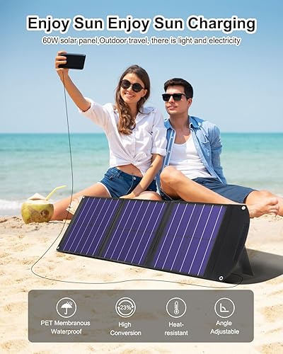 Miniatura 6 de MARBERO Juego de banco de energía solar, panel solar de 60 W y 110 V80 W (pico de 120 W), salida de CA, puertos CC, puertos USB QC 3.0, estación de