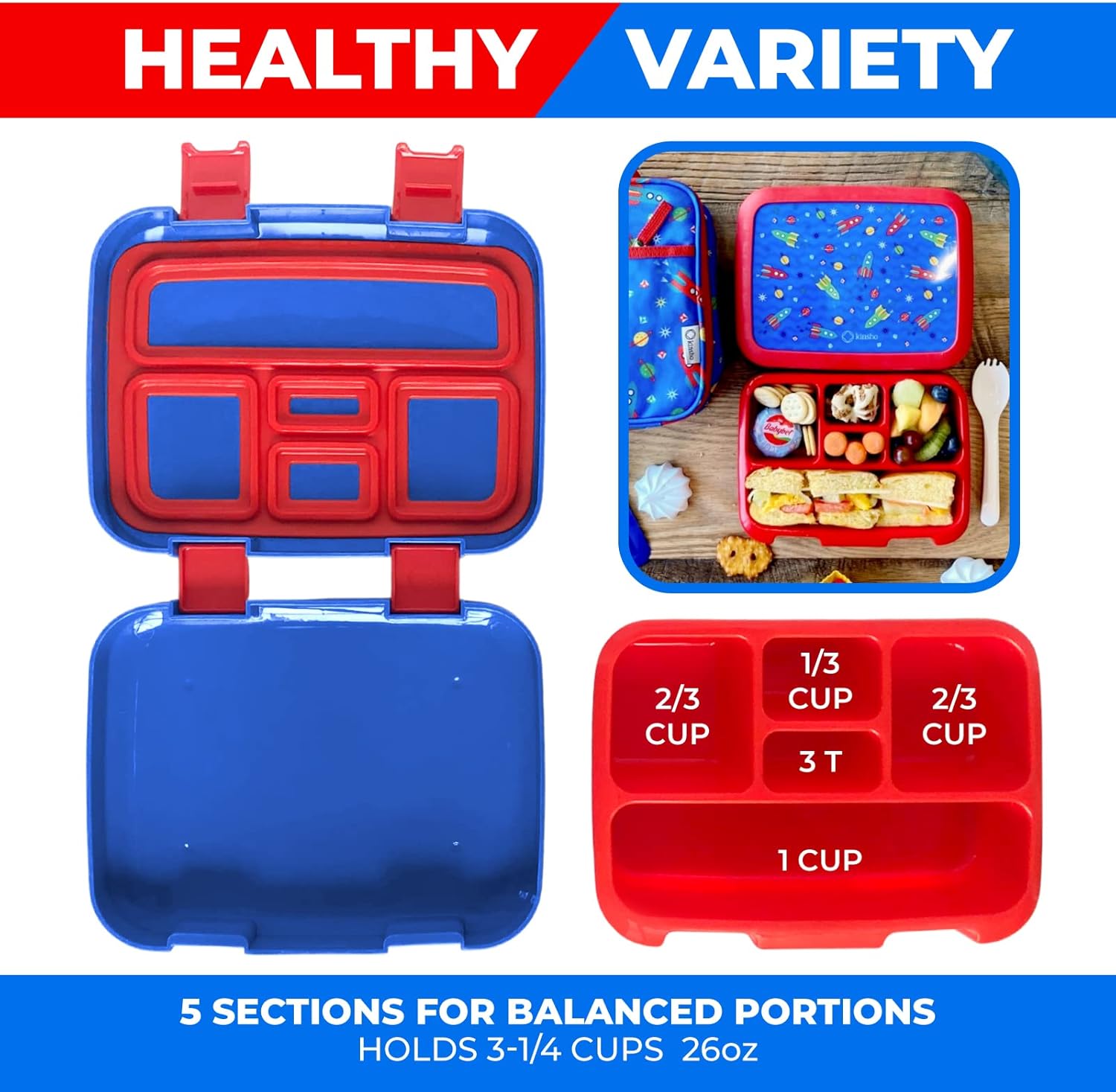 Kinsho Bento Lunch Box for Kids Toddlers, 5 Portion Control Sections, BPA Free Removable Plastic Tray, Pre-School Kid Toddler Daycare Lunches, Snack Container Ages 3 to 7 (Blue Space Rockets) - Image 4