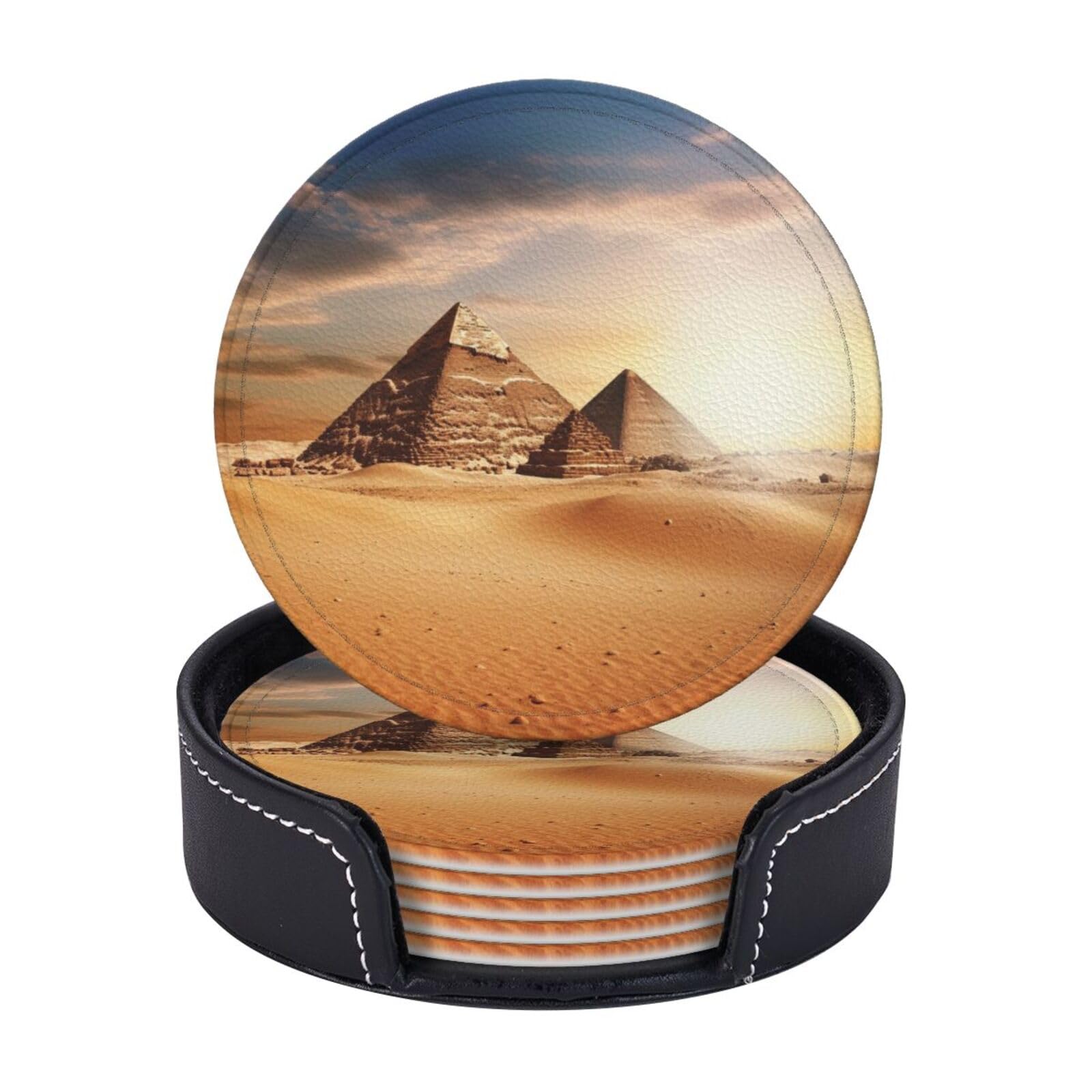 Round Coasters for Drinks Set of 6 - PU Leather Coasters with Holder - Modern Drink Coasters for Coffee Table - Egyptian Pyramid in Desert Coaster for Tabletop Protection 4" Cup Mat Pad