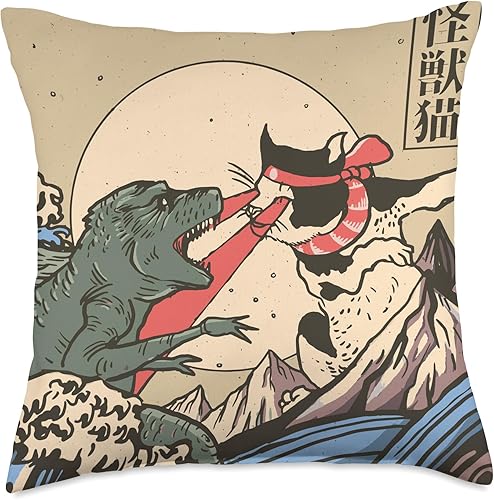 Japanese Great Wave Giant Cat VS Kaiju Monster Kaiju Monster vs Cat Laser Eye Fight Wave - Almohada japonesa, 18 x 18 pulgadas, multicolor