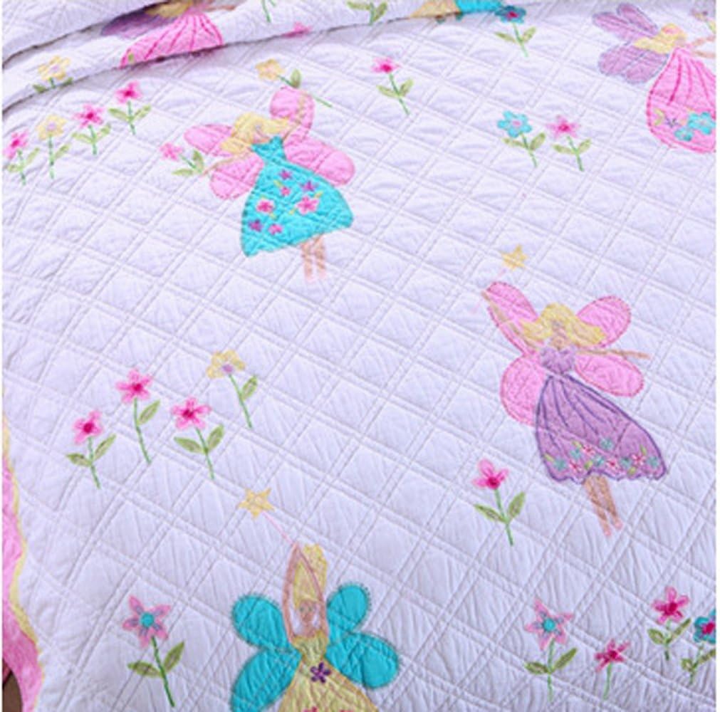 100% Cotton Bedspread Set Girls Bedding Collection Quilt and Sham Collection Twin Size with Hand Sew-on Flower Butterfly Fairy Toddler Children Girls Gift Idea