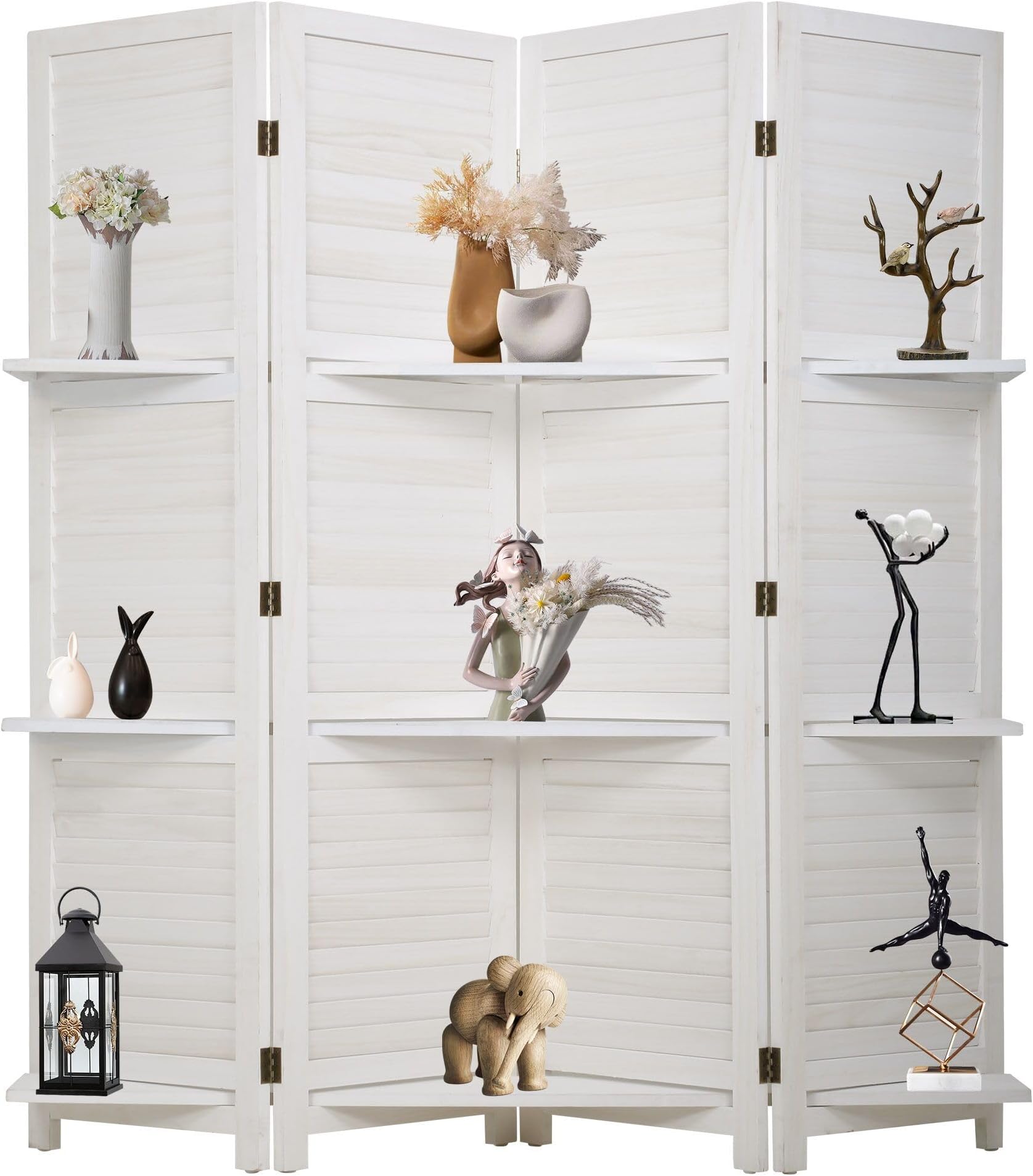 FDW 4 Panel Room Divider Folding Privacy Wooden Screen with Three Clever Shelf Portable Partition Wood Divider for Home Office, White