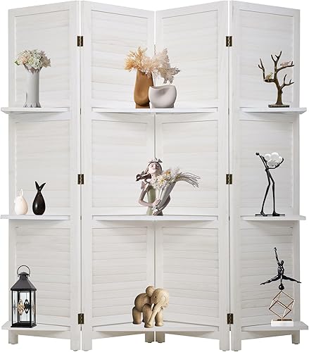 FDW Divisor de habitación de 4 paneles, pantalla plegable de madera de privacidad con tres estantes inteligentes, divisor de madera portátil para