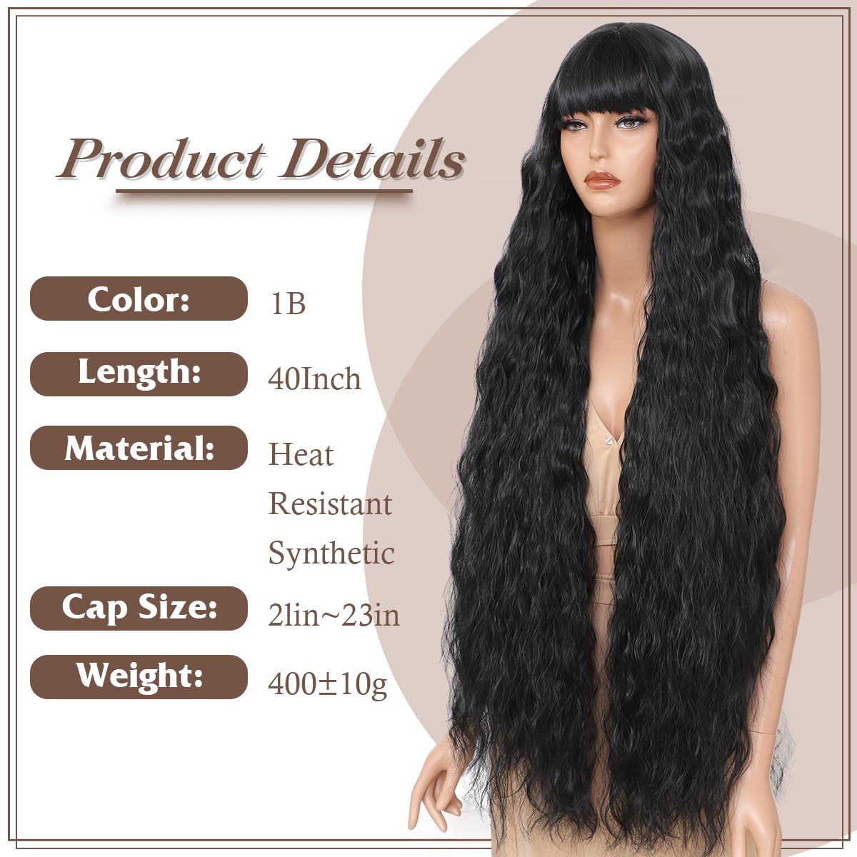 Long Wavy Wig with Bangs for Women,Wig Long Bangs Wig,Natural Looking Synthetic Heat Resistant Hair (1B, 40inch)